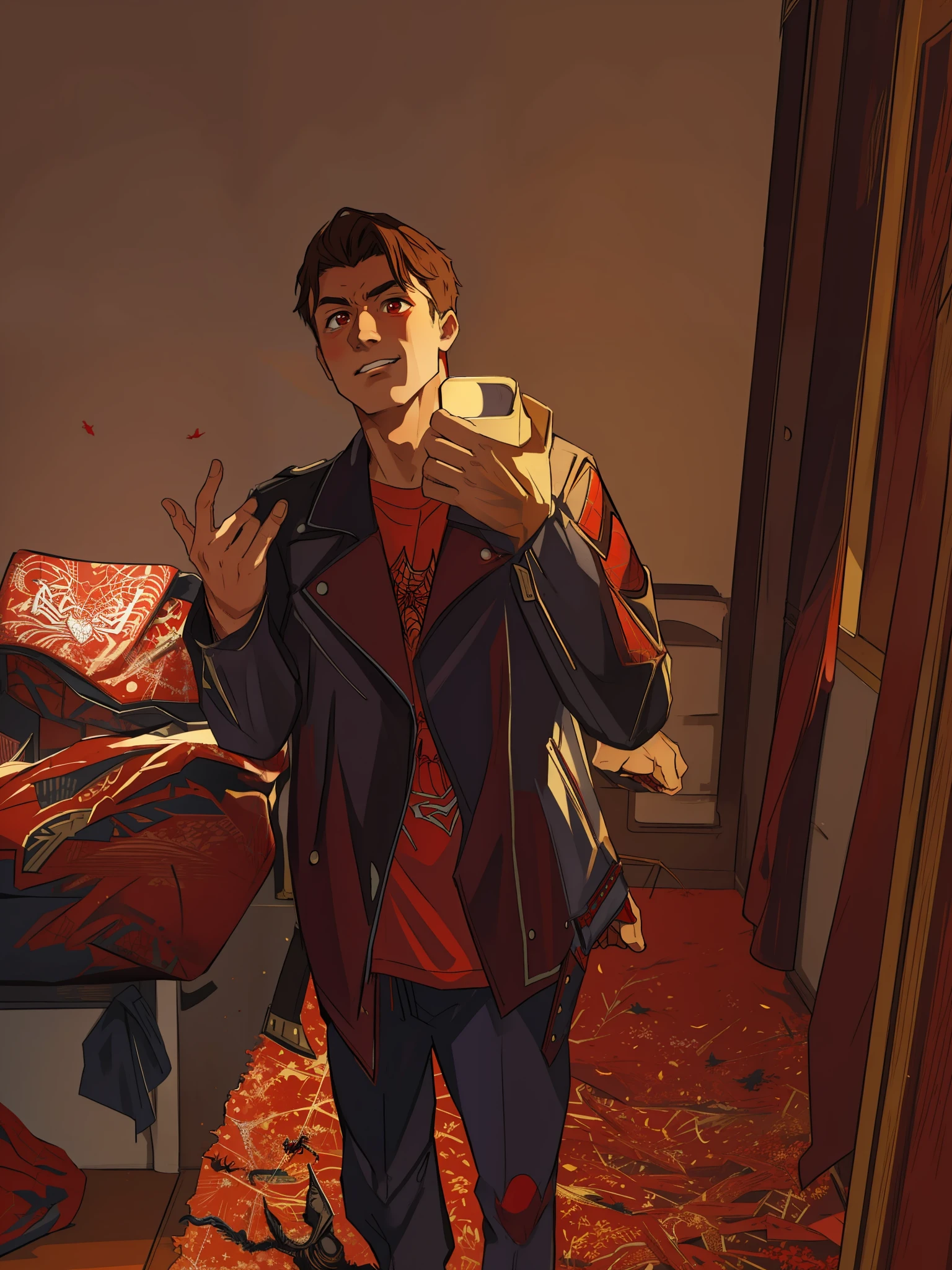 (masterpiece, best quality), intricate details, 8k, artstation, wallpaper, official art, screensaver, sharp focus,
1guy, Ayame, red eyes, brown hair,
spider costume, web print, web, spider-man room