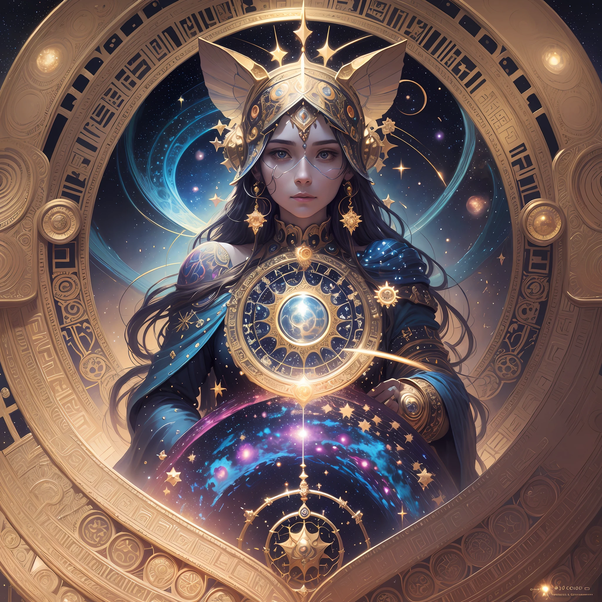 Artwork, surrealism, highly detailed, intricate details, oil painting, best quality, cosmic, starry, a pound sign scale, pound sign concept, golden ratio, beautiful, cosmic concept, 8k, cinematic light, starry background, vibrant colors, UHD, by Greg Rutkowski and Alphonse Mucha