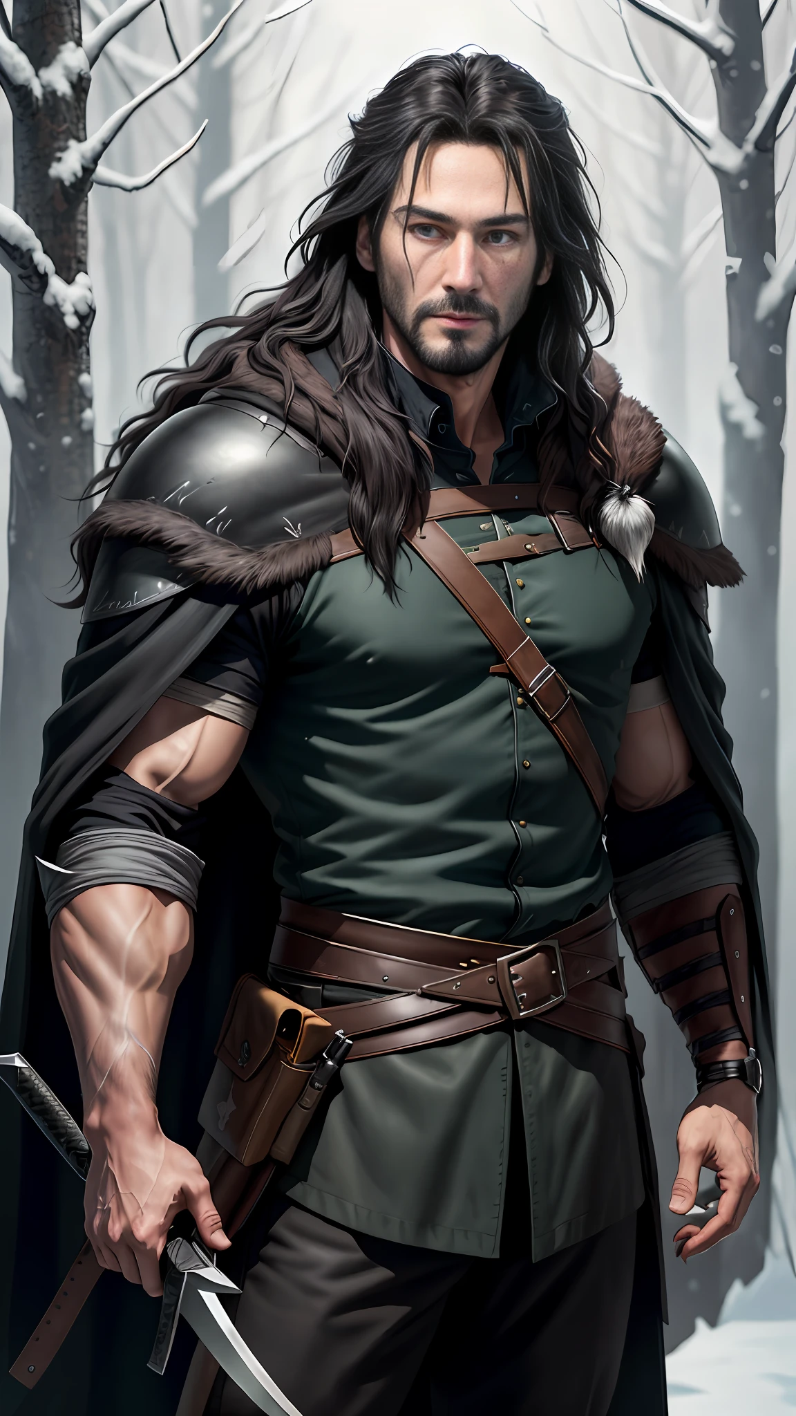 A close-up of a man with long hair and beard, handsome boy in a fantasy world, his eyes are red and bright, his eyes bright red as intense blood, Aragorn in an anime world, detailed fanart, John Snow, Johnny Silverhand, Caleb of Critical Paper, Jon Snow, avatar image, fanart Demon Slayer Rui, Keanu Reeves as Geralt of Rivia,  black armor as obsidian and a black bear skin as cape, background of a cold forest in winter, man of 30:(3 0) years, man with 2 scars on the face, diagonally shaped scar on the face, scar on the cheek, scars of animal claws, black hair, determined, high detail, cinematic lighting, backlighting, Fujifilm, 135mm, UHD,  masterpiece, anatomically correct, textured skin, high details, best quality, highres, 16k