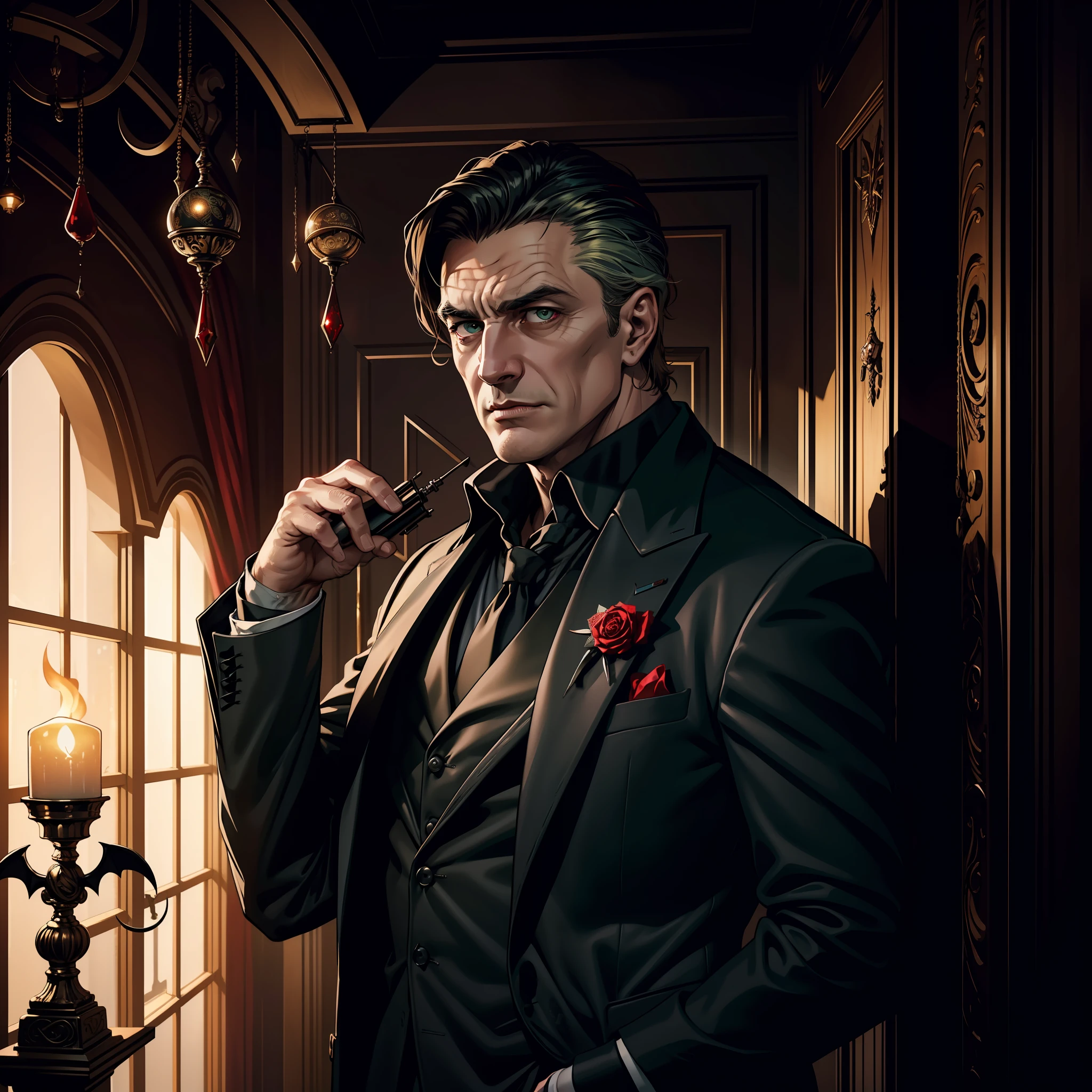 (extremely detailed 8k wallpaper), dark theme, Vampire the Masquerade, modern horror, 2020s, young, wearing expensive designer suit, sharp focus, (subsurface scattering:1.1), award-winning photography, centered face, Robert de Niro's face, ((a Hecate vampire))), half-body shot:1.1, short light brown hair, supernatural ghostly green eyes, mocking expression, cellar interior full of fine wines, dramatic lighting