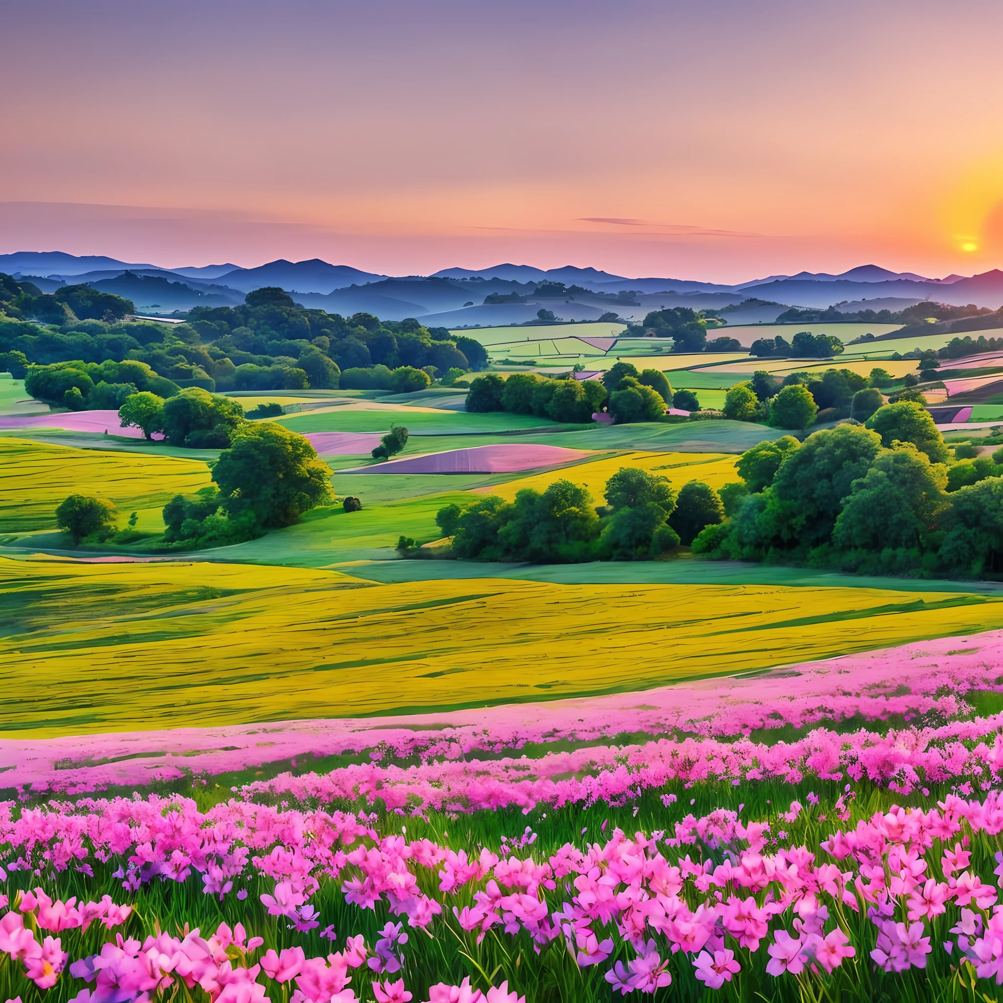 Describe the landscape of the flowering countryside during sunrise or sunset --auto --s2