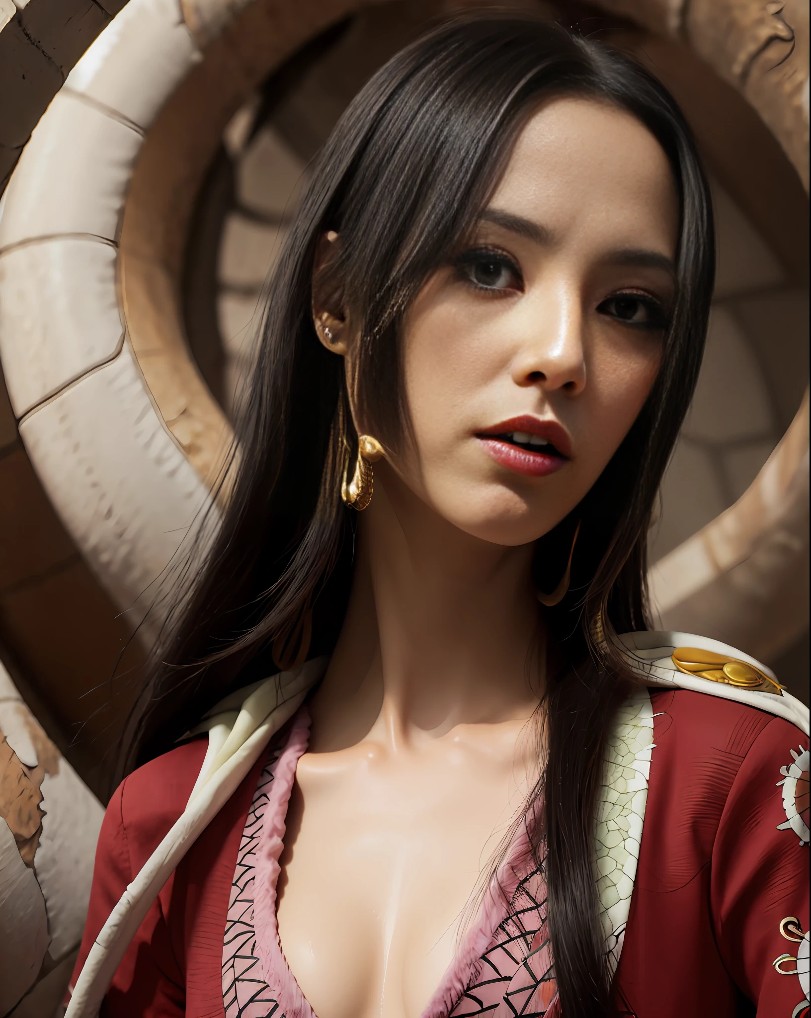 ((masterpiece)), the best picture quality, walking between cold atmosphere and noble temperament, giving people a sense of mystery, the perfect combination of royal sister and iceberg goddess, (1girl), boa hancock\(one piece\), high nose, sharp eyes, light smile and subtle, ((black hair | long hair): 1.2), boa hancock, (one piece), snake_skull background, bright eyes, onyx, secret corridors, dim lights and blurred backgrounds, presenting a different mysterious atmosphere, dynamic angle and posture, slim and perfect figure.