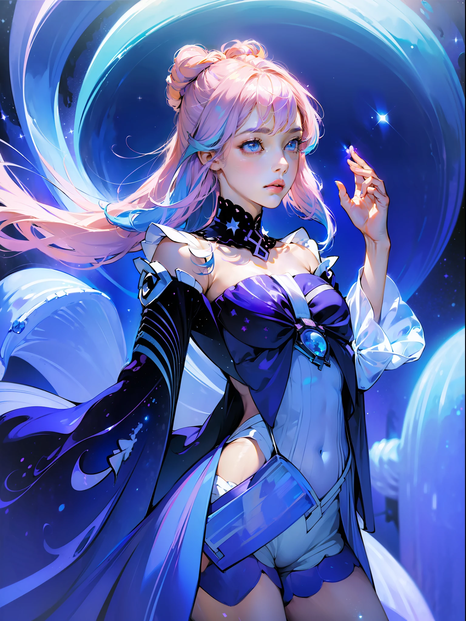 ((masterpiece,best quality)),(negative space:1.4),(1girl, solo:1.4),beautiful detailed eyes,floating pastel pink and lavender hair, lavender eyes, at night, starry sky, stars shining, floating in space, jellyfish floating in space, magic star sparkles
