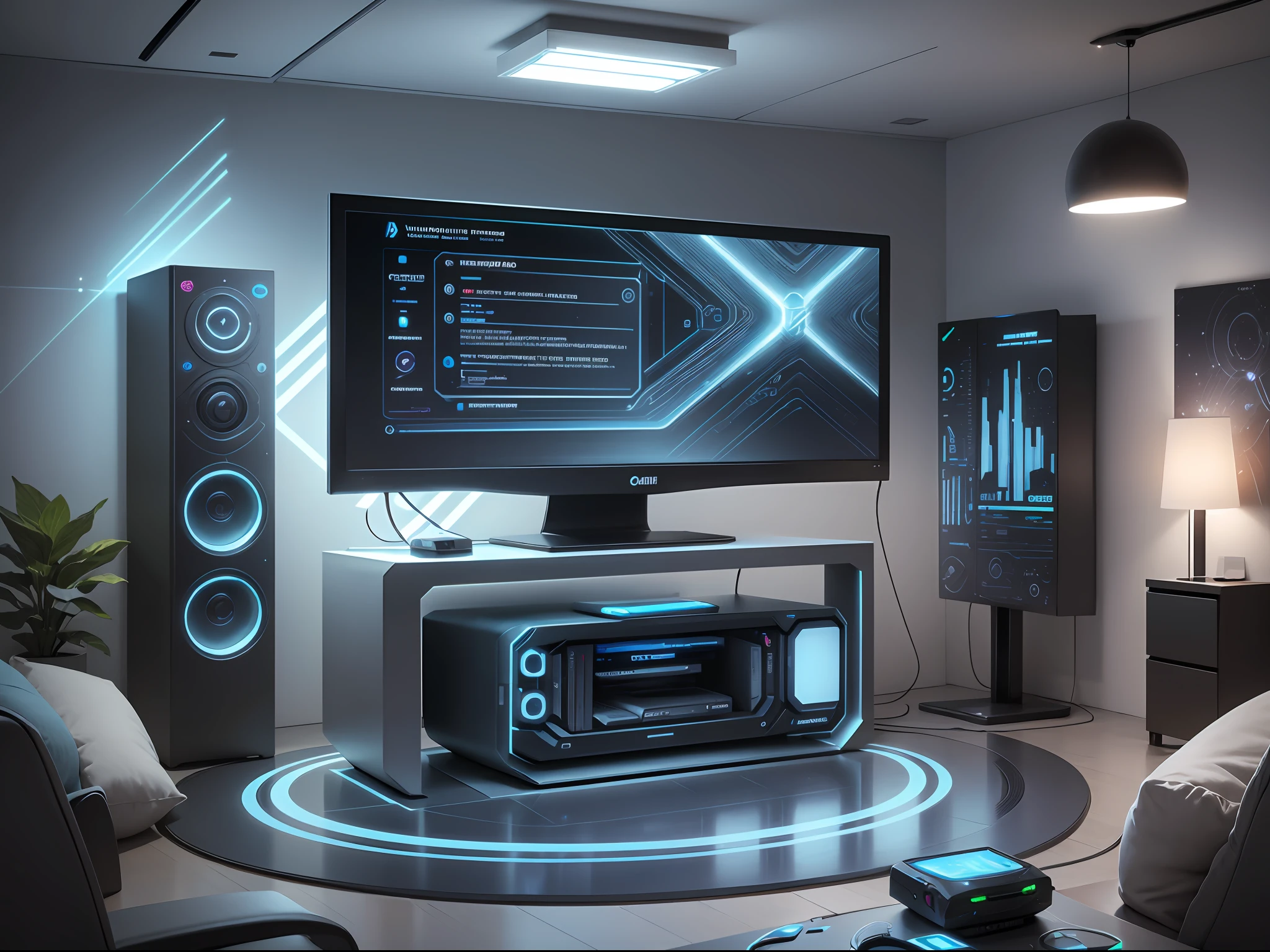 The QuantumCore is a quantum video game console with a futuristic and minimalist design. The console's body is made of a lightweight and durable metal alloy, with a finish in shimmering silver and bright blue tones, representing its technological and advanced aspect.
The QuantumCore features a sleek and aerodynamic shape, with smooth lines and fluid contours. It has a compact structure designed to optimize heat dissipation and ensure maximum performance during long gaming sessions.
On the front of the console, there is a control panel with blue LED lights that emit a soft quantum glow. The panel displays relevant information such as console status, playtime, and notifications. The power, eject disc, and connectivity buttons are discreetly integrated into the front panel, offering a clean and modern appearance.
The QuantumCore comes with two quantum controllers that have an ergonomic and comfortable design for the best gaming experience. The controllers are coated with a smooth, grippy --auto --s2
