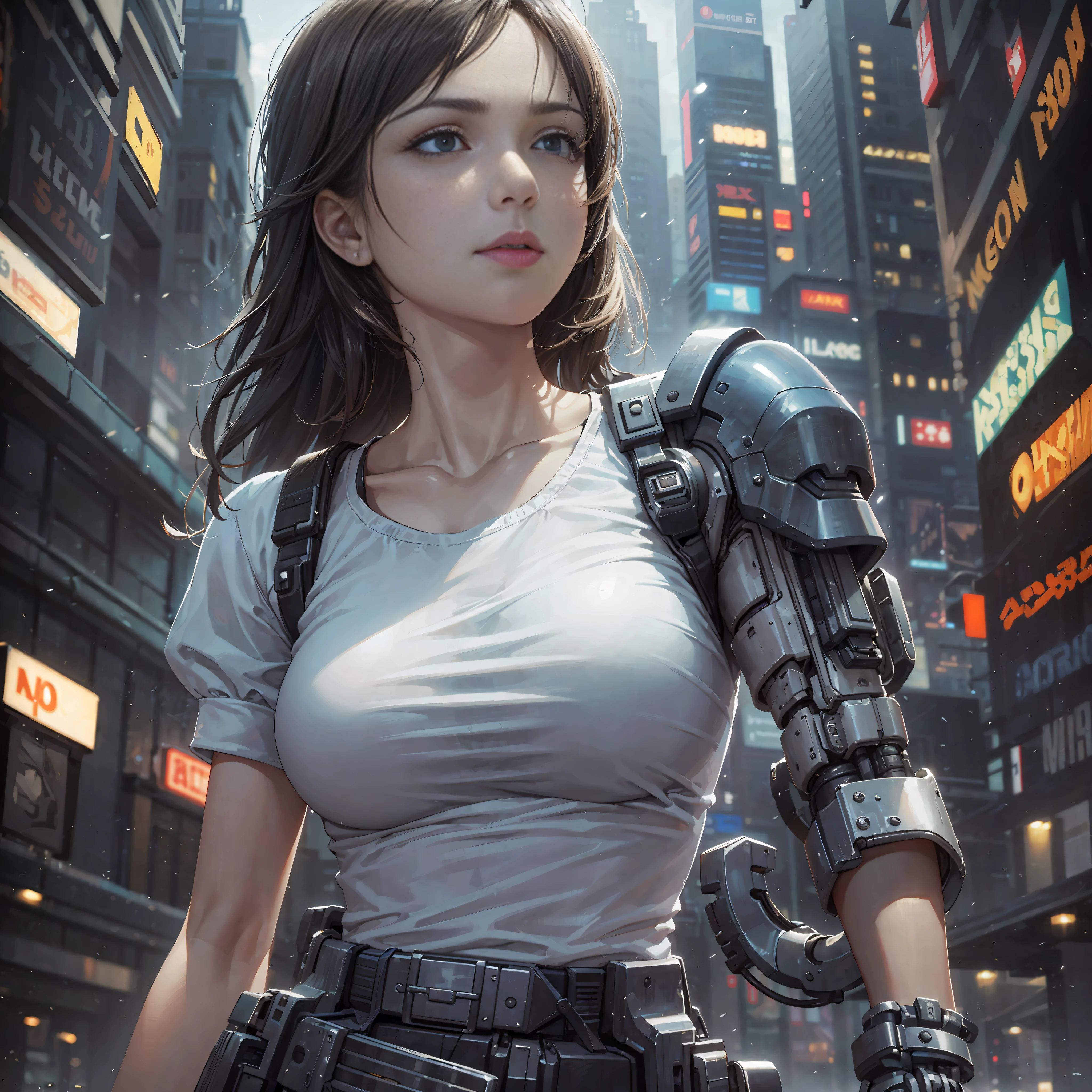 (masterpiece, high quality, best detail), adequate lighting, soft blur, dynamic angle, (30 year old female: 1.3), (white shirt sleeves rolled up: 1.3), (mechanical arm: 1, 5), full body shot, crowded street, cyberpunk, background cyberpunk buildings, blue sky, lots of clouds, (extremely detailed 8k CG wallpaper), (masterpiece), (best quality: 1.0), high contrast, (ultra highres: 1.0), beautiful lighting, perfect lighting, realistic shadows, [highres], detailed skin, ultra-detailed --auto --s2