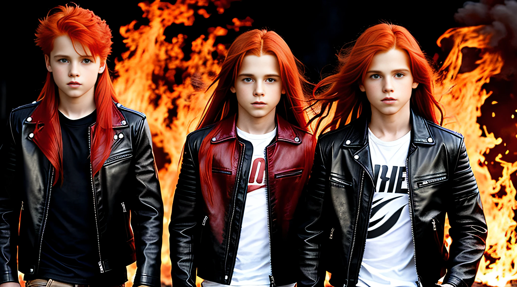 boys red-haired children WITH LONG STRAIGHT HAIR, FIRE BACKGROUND. Black leather jacket and black clothing. .