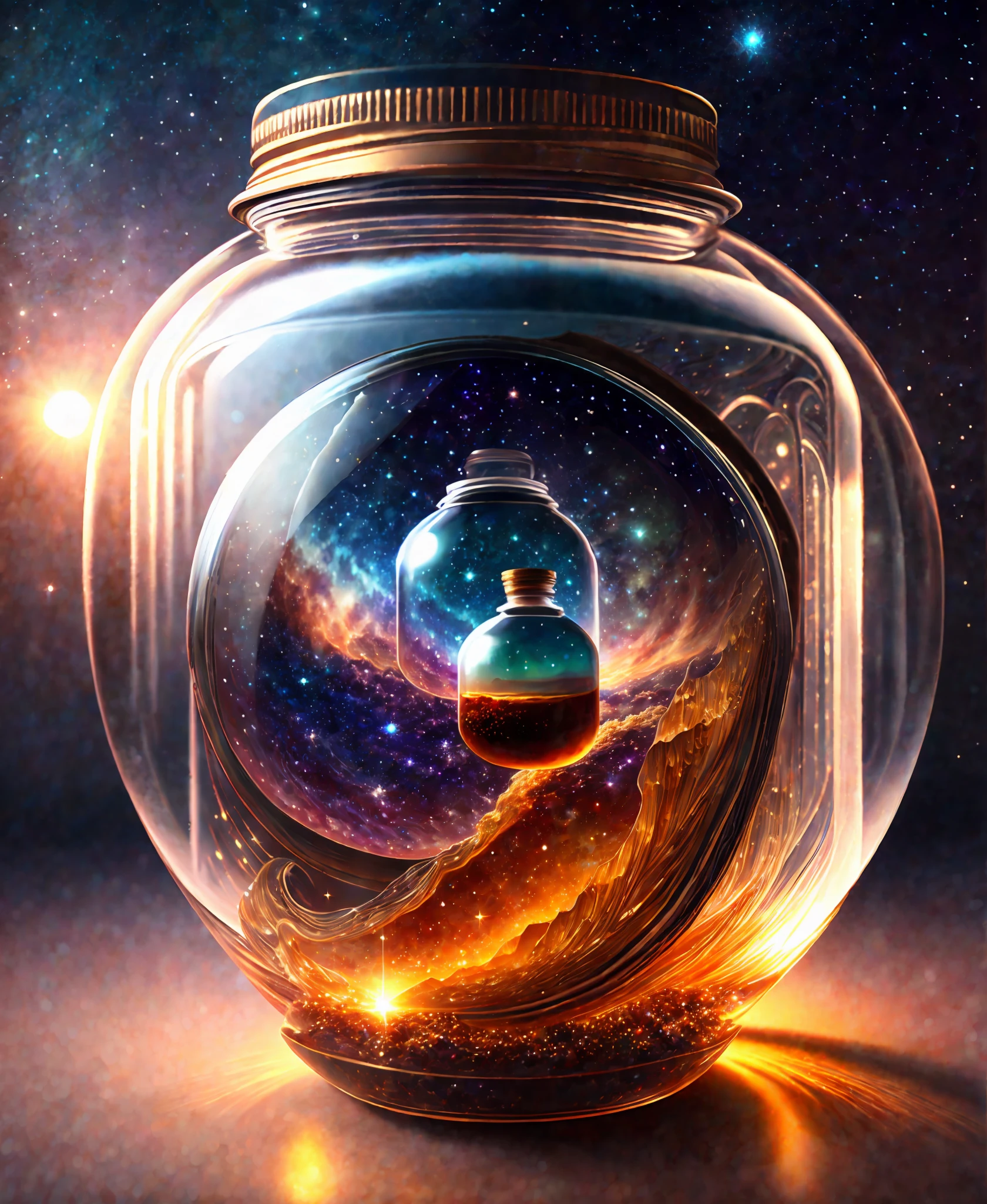 the entire universe contained inside a glass jar, super realistic, hyper detailed, dramatic lighting, 4k