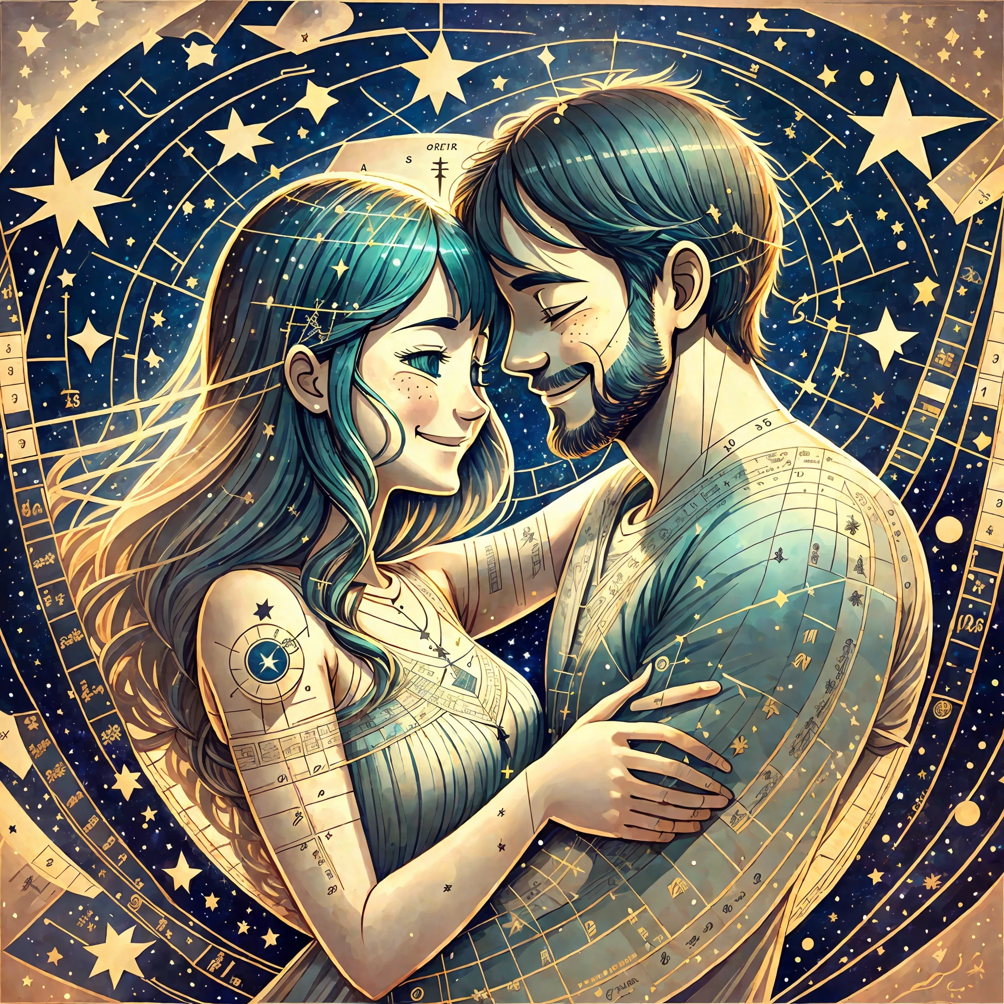 A happy couple, embraced, on the horizon a birth chart, with signs and constellations --auto --s2