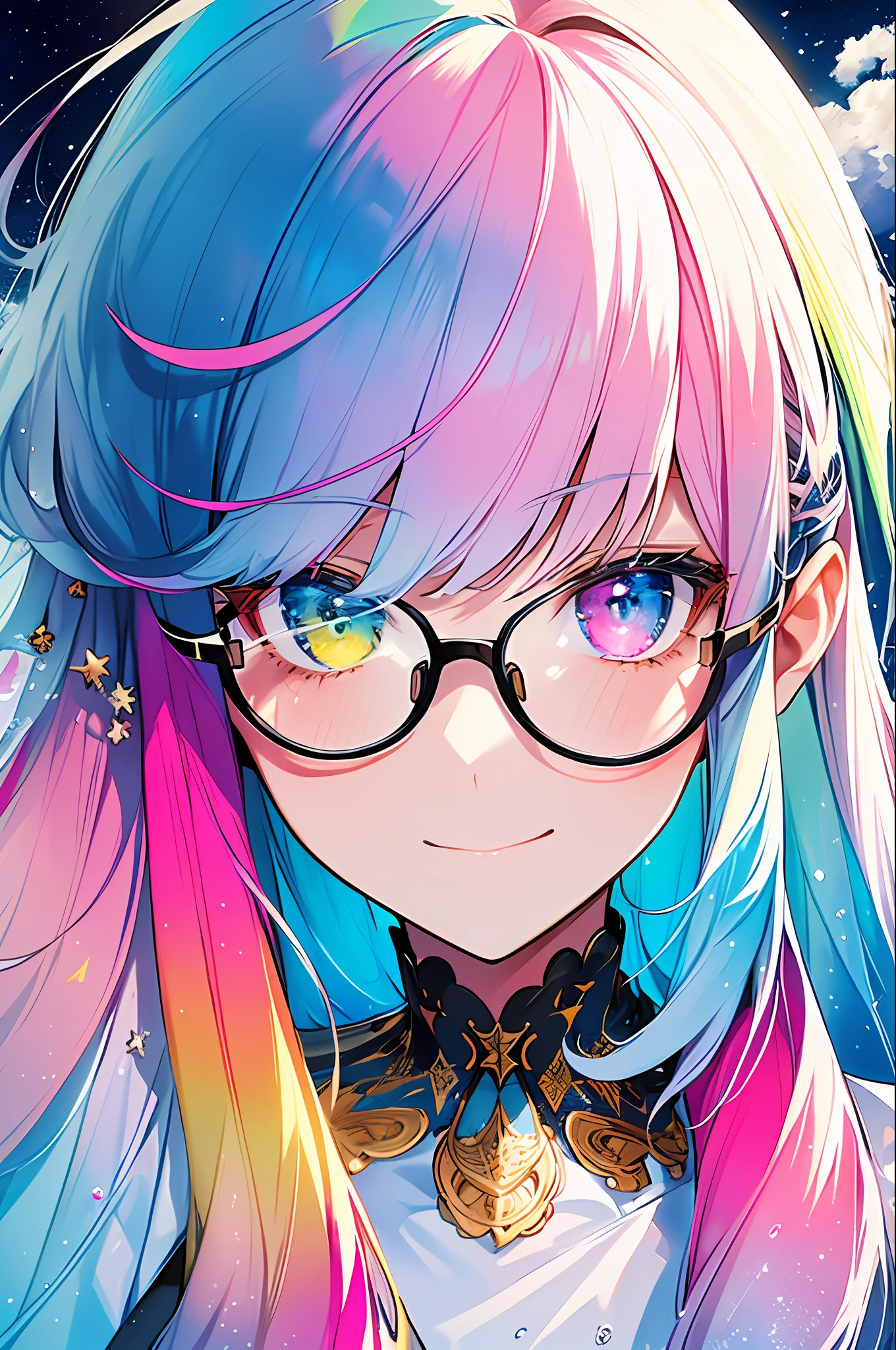 (Masterpiece, Top Quality, Best Quality, Watercolor (Medium), Official Art, Beautiful and Aesthetic: 1.2), (1 Girl: 1.3), (Fractal Art: 1.3), Upper Body, Sideways, Watching the Viewer, Pattern, (Iridescent Hair, Colorful Hair, Half Blue and Half Pink Hair: 1.2), Water, Liquid, Clouds, Colorful, Starry Sky, Stars, Smile, Glasses, Close Up, Heterochromia, (Colorful: 1.5)