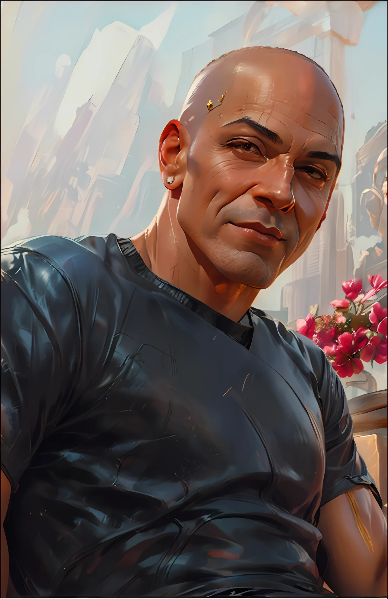 Hyper realistic drawing, Alex Ross style, of a happy man completely bald, shaved head, with closed lips of brown skin of the black race sitting on a sofa, he has bald 60 years old black race brown skin, Alex Ross style