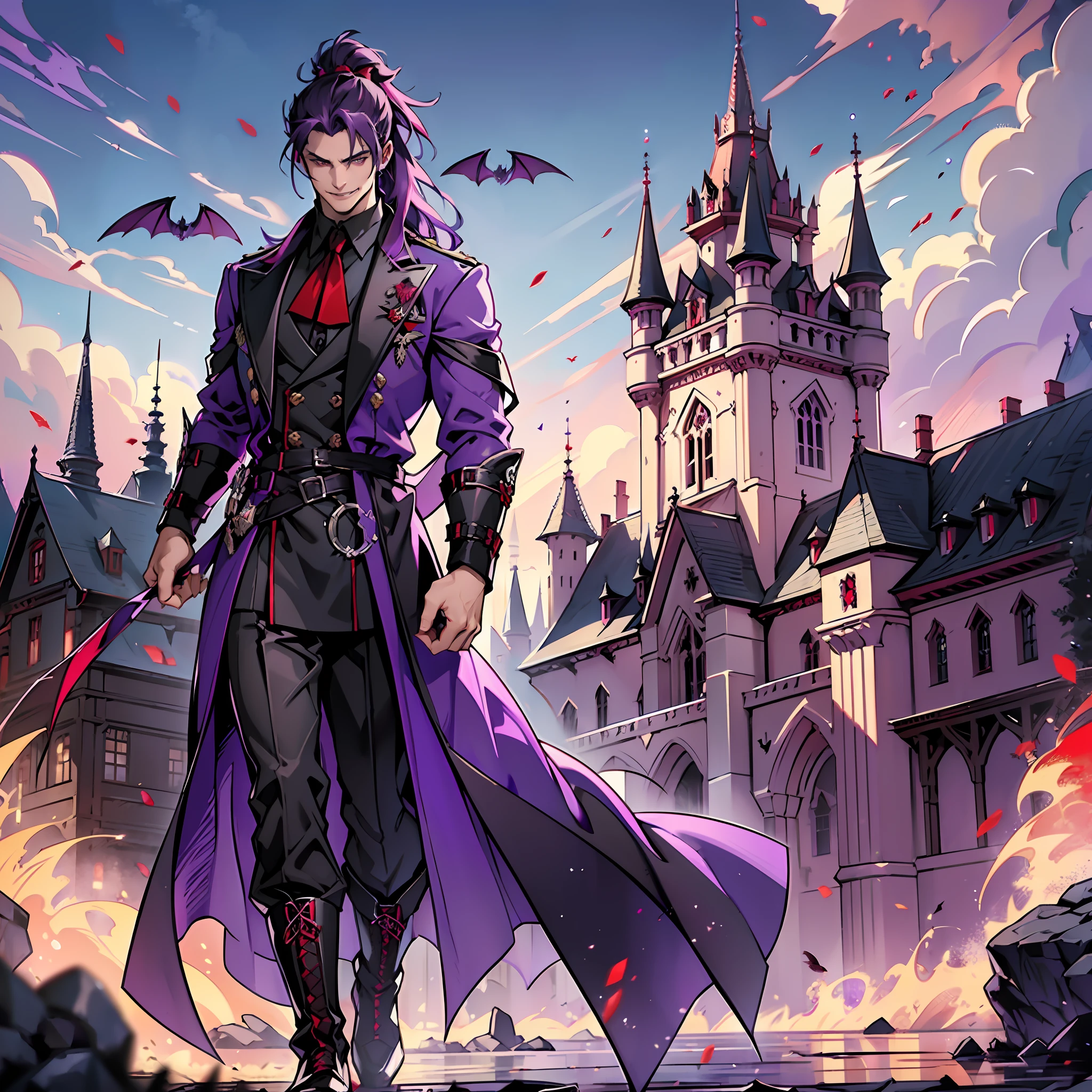 Elegant man, defined body, violet-colored rings on his fingers, violet-colored robe, noble robes, violet-colored long social pants, red-colored military boots, evil smile, vampire teeth, black and purple hair, straight hair, hair up to neck height, red colored eyes with black iris, dark castle scenery, scenery with flying bats.