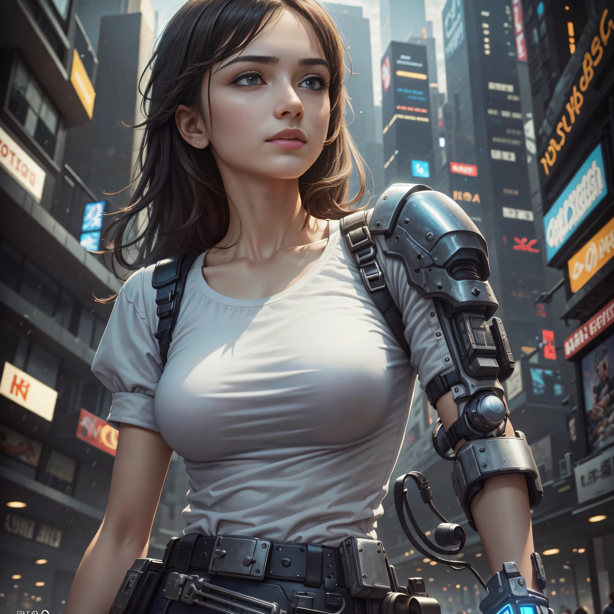 (masterpiece, high quality, best detail), adequate lighting, soft blur, dynamic angle, (30 year old female, medium breasts: 1.3), (white shirt sleeves rolled up: 1.3), (mechanical arm: 1.5), full body shot, crowded street, cyberpunk, background cyberpunk buildings, blue sky, lots of clouds, (extremely detailed 8k CG wallpaper), (masterpiece), (best quality: 1.0), high contrast, (ultra highres: 1.0), beautiful lighting, perfect lighting, realistic shadows, [highres], detailed skin, ultra-detailed --auto --s2