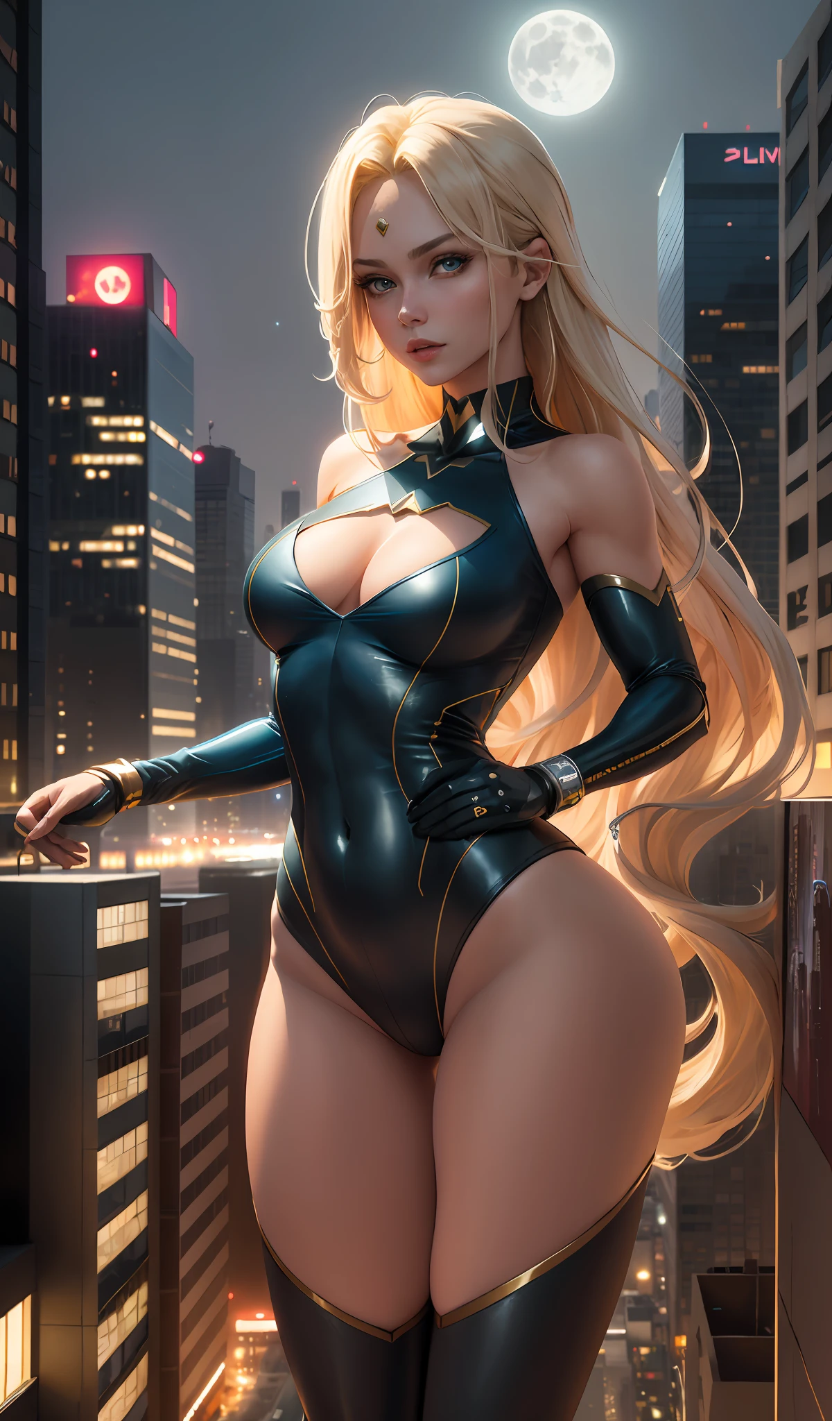 (Masterpiece, 4k resolution, ultra-realistic, very detailed), (Theme of supr-super girl, charismatic, there is a super-sexy girl on top of a tall building, wearing a super-sexy girl's costume, she is a super-sexy girl), [ ((18 years), (long blonde hair:1.2), full body, (blue eyes:1.2), ((very sexy pose), sexuality demonstration), ((sandy urban environment):0.8)| (cityscape, at night, dynamic lights), (full moon))] # Explanation: The Prompt mainly describes a 4K painting of ultra-high definition, very realistic, very detailed. It shows a super-sexy girl on top of a tall building, wearing a super-sexy girl costume. The subject in the painting is a theme of a super-sexy girl, the female protagonist has long white hair, is 18 years old and her entire body is shown in the painting. In terms of portraying the super-sexy girl, her extreme sexuality is employed.