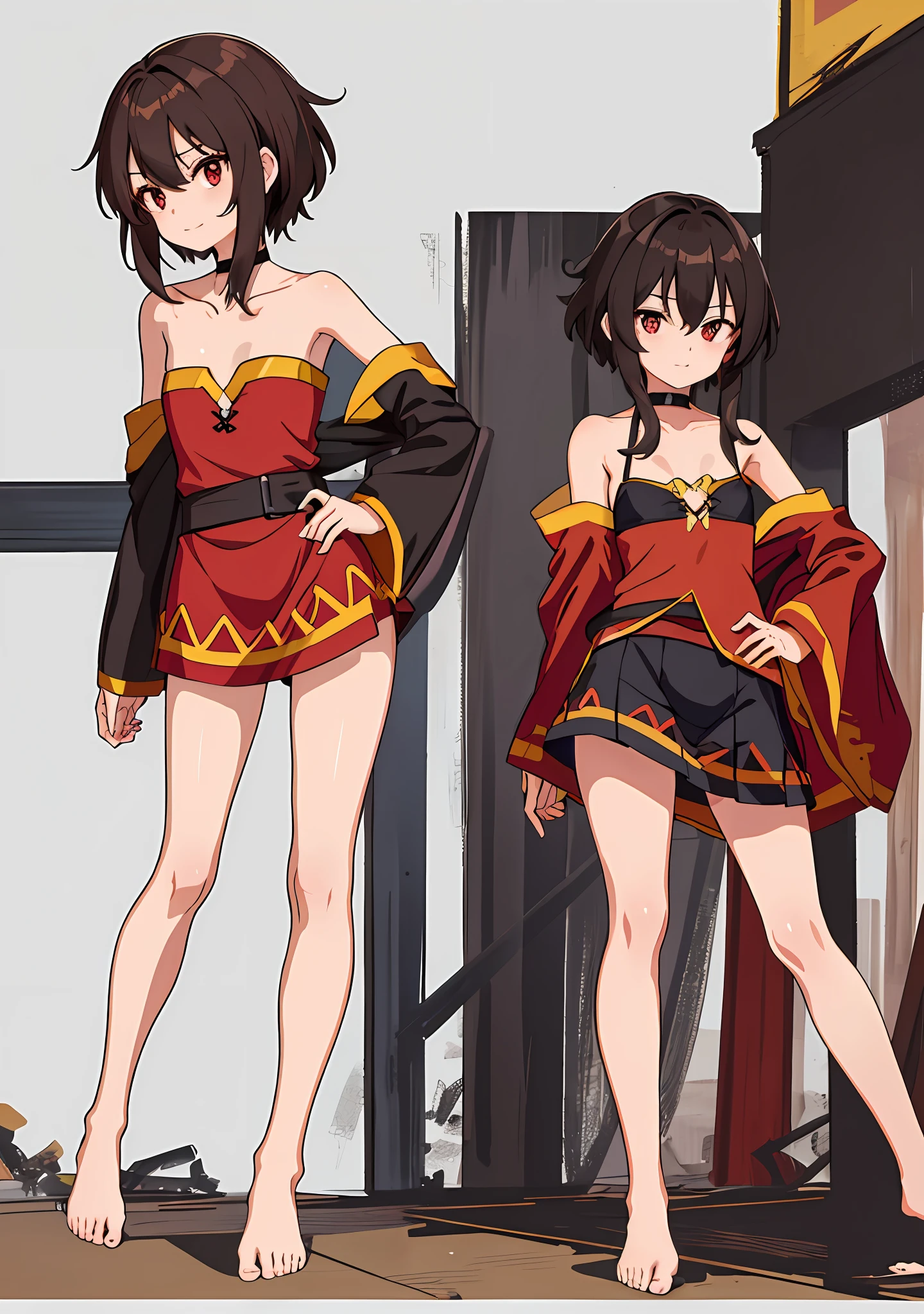(True masterpiece of the highest quality), 1 girl, full body, Megumin konsuba, Megumin, collarbone, black choker, red eyes, short brown hair, beautiful long leg, slim body, barefoot, bare arms, bare shoulders, standing, tall, 8 headed, skinny, emaciated, thin, model figure, (micro bikini: 1.4), seductive and sexy, NSFW