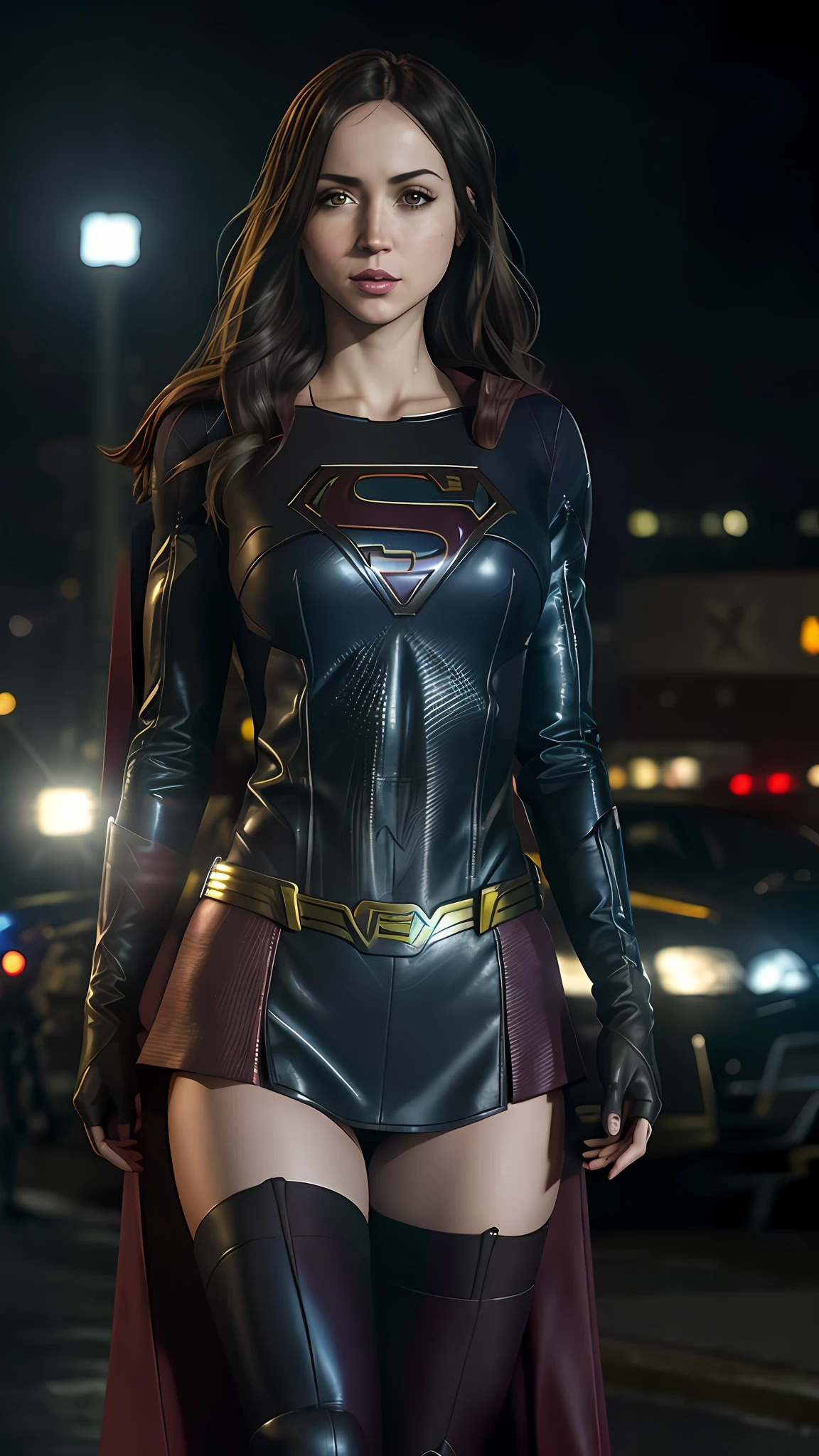 Sasha Calle (woman: 1) super realistic and real, well detailed, high definition, ultra resolution, in the character of Supergirl from the new movie of The Flash, sensual, flying or next to Batman with Michael Keaton (man: 1) also very real, are together in Gotham city, natural and night lighting.