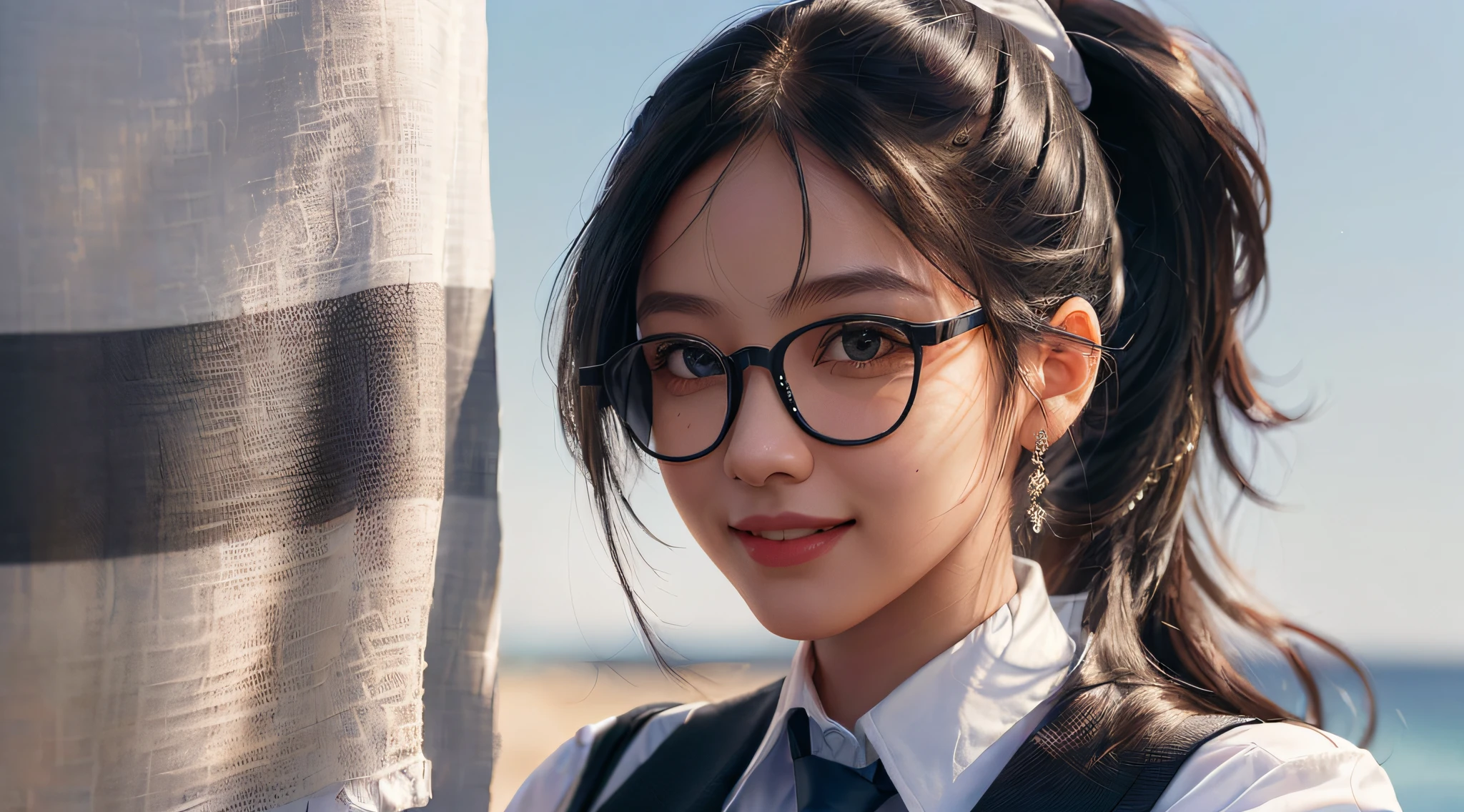 (1 Girl:1.3), Solo, ((((Highly Detailed Face))), (Highly Detailed Eyes and Face),Standing Full Body,Unified 8k Wallpaper, Ultra Detailed, Beautiful, Best Quality, Original, Masterpiece, Ultra Micro Photography, Best Quality, Ultra High Definition,Blue Sky, Sunlight, Where the Sea Is, Detailed Face, Realistic Skin Details, DSLR, High Quality, Brown Eyes, Black Eyes, Ponytail, Smile, Black Hair, Clothes with White Collar , long pants, glasses