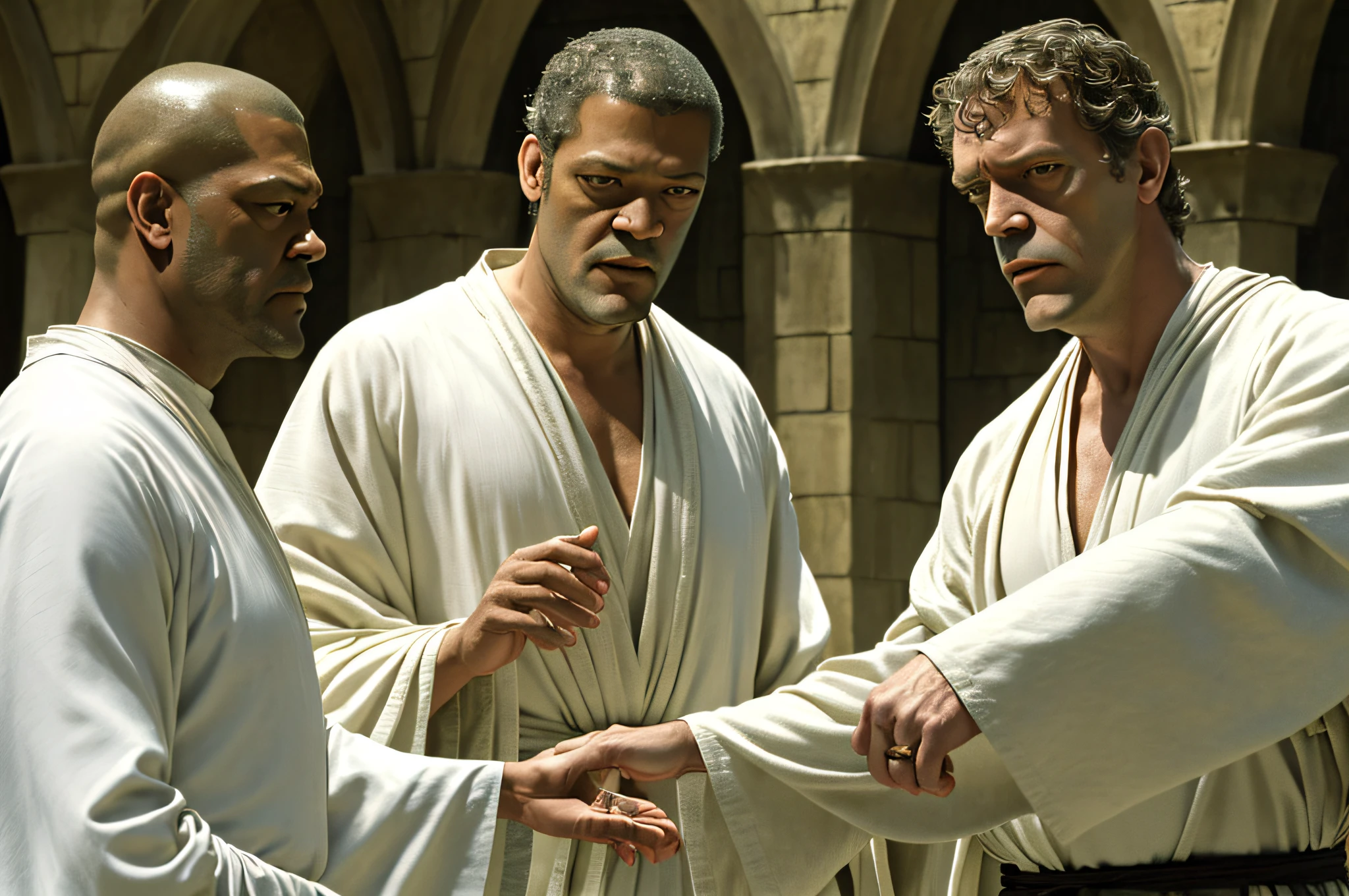 there are two people arguing, (((laurence fishburne))), (((Hugh Laurie))) , (((dressed in biblical times clothes))), black bald man, dressed in white, arguing with evil looking Hugh Laurie, (hugh laurie with white biblical clothes), (Hugh Laurie and laurence fishburne arguing), ((extreme closeup)), (close up)