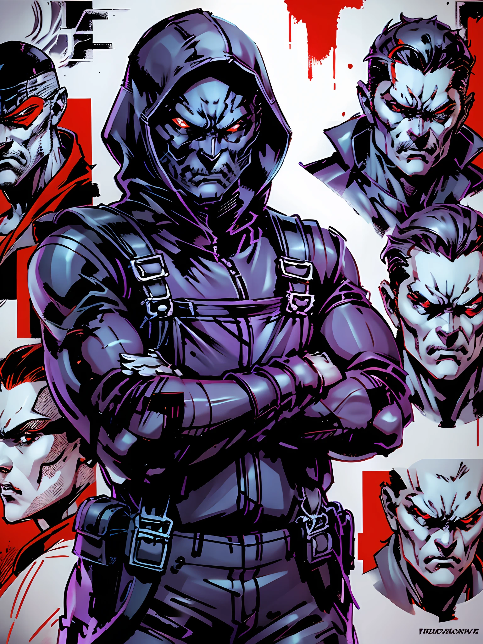 cold villain and bloodthirsty calculator, cold-blooded serious face without any emotion, teeth settled, posture with arms crossed, pistol at the waist with bandolier, dark short hair, Dressed in a jumpsuit with a balaclava on the face, Marvel comic, manga, comic, HD, balaclava, pistol, overalls, villain, bloodthirsty, cold, calculating