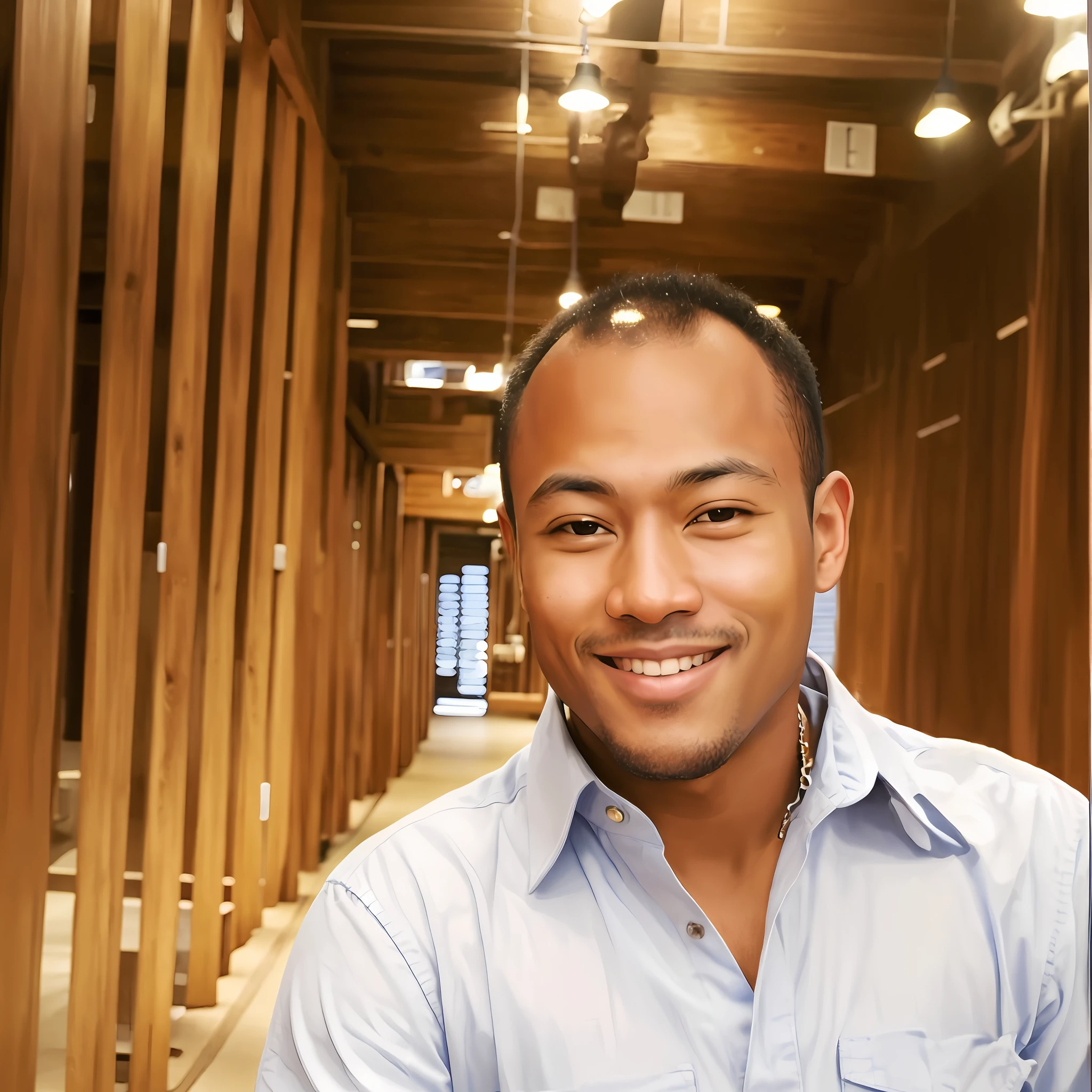 smiling man in a blue shirt in a hallway with wooden walls, profile picture, rodney matthew, david uzochukwu, brown-skinned man with a giant smile, with a happy expression, profile picture, richard sigamani, profile picture, looking happy, by Robert Lee Eskridge, very slightly smiling, serene smile, by Leonard Daniels, astor alexande,  realistic, Disney style