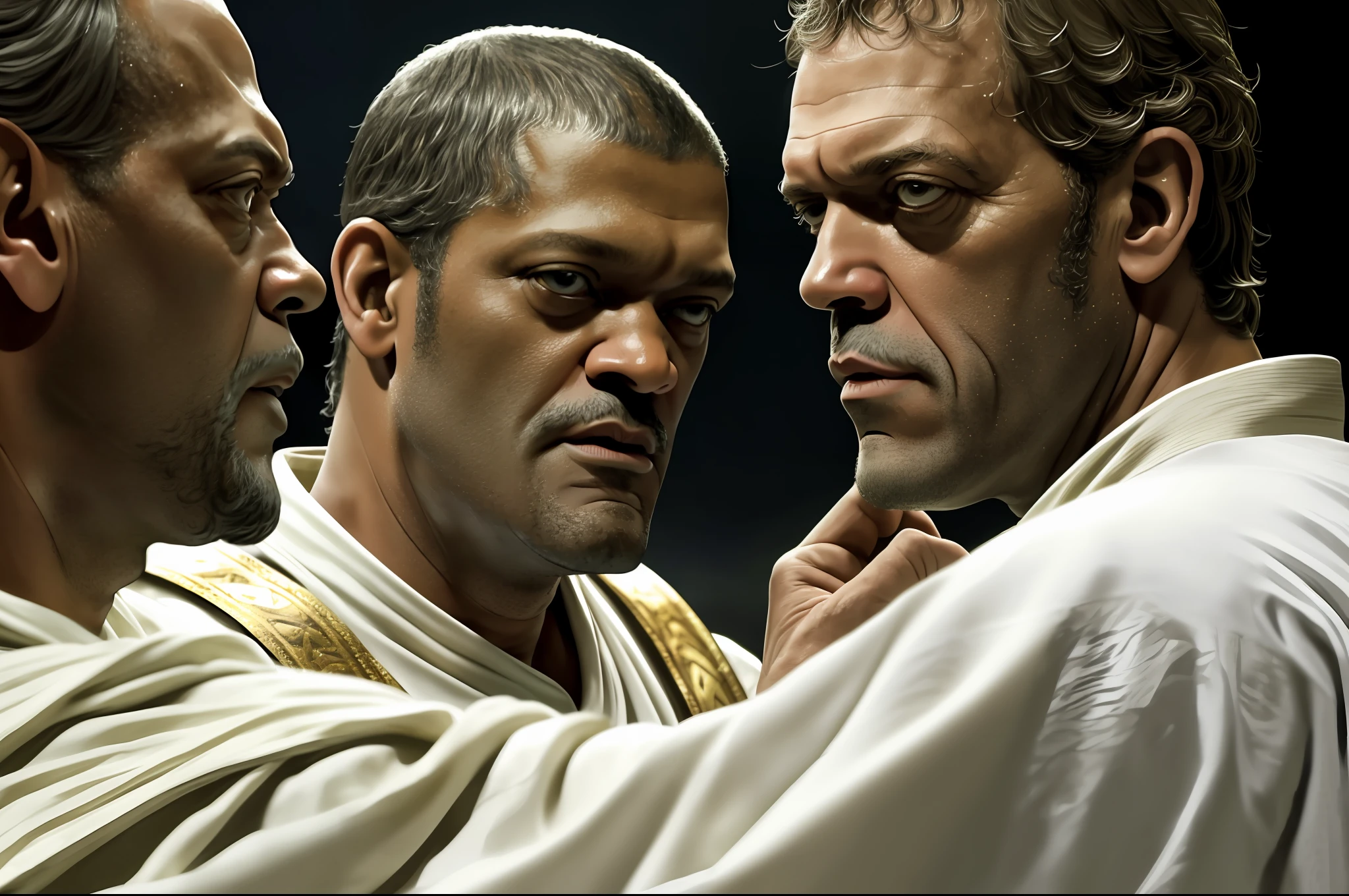 there are two people arguing, (((laurence fishburne))), (((Hugh Laurie))) , (((dressed in biblical times clothes))), black bald man, dressed in white, arguing with evil looking Hugh Laurie, (hugh laurie with white biblical clothes), (Hugh Laurie and laurence fishburne arguing), ((extreme closeup)), (close up)