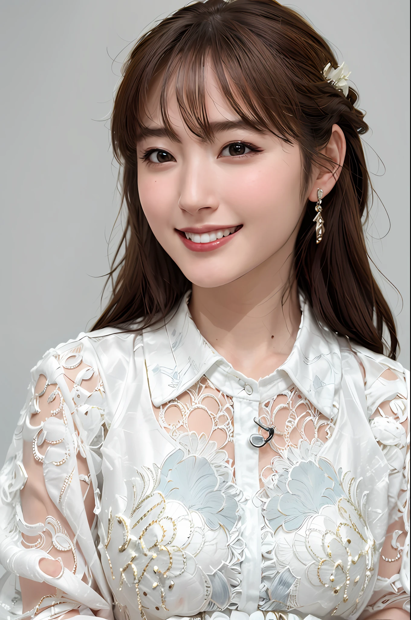 Top quality, masterpiece, ultra high resolution, (photorealistic: 1.4), highly detailed, professional lighting smile, white shirt, hair arrangement