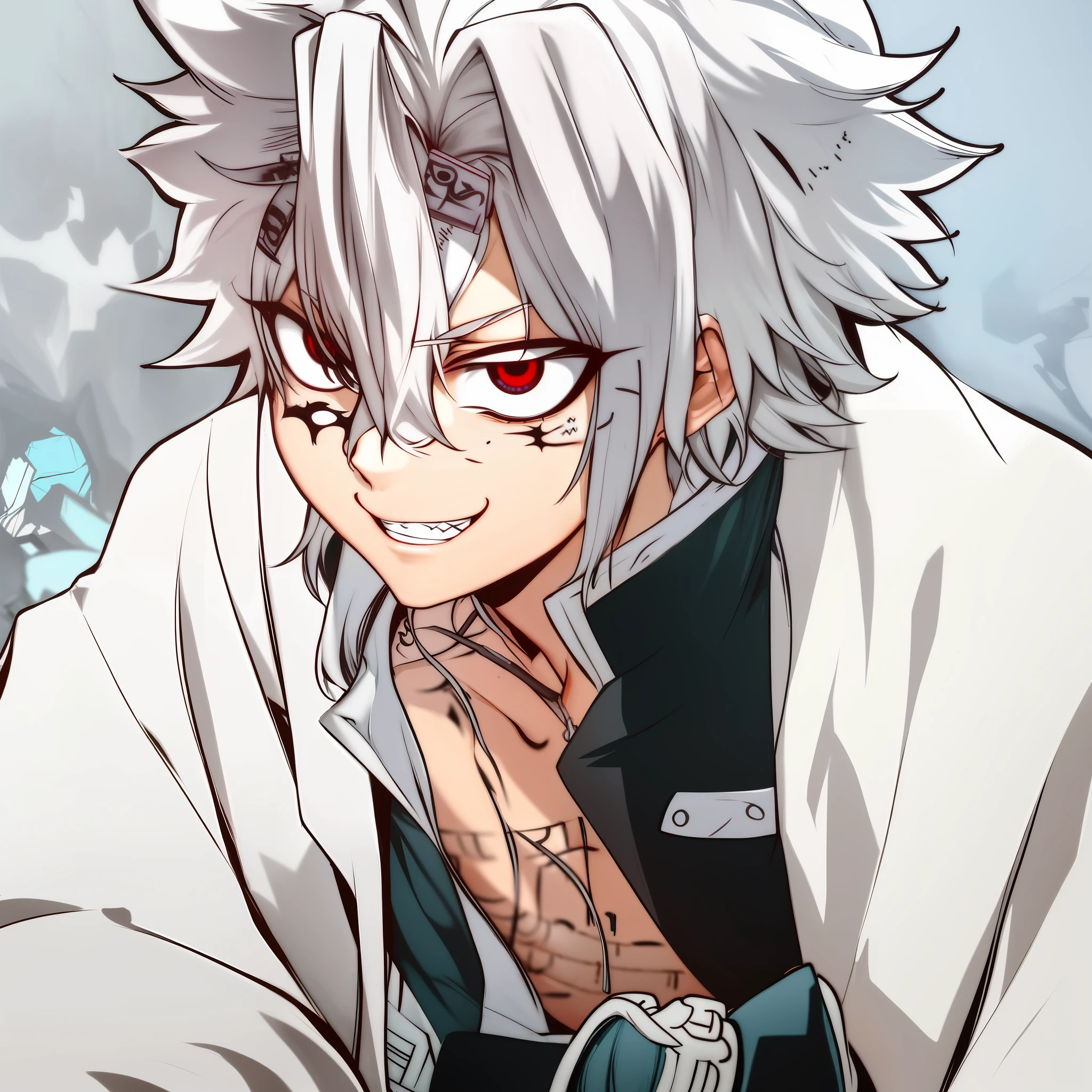 Anime character with white hair and white eyes sitting on a rock, Hajime Yatate, a silver-haired madman, Nagito Komaeda, main anime visuals, Killua Zoldyck black hair, cute face in Demon Slayer art, Killua Zoldyck portrait, anime key art, Killua Zoldyck, many cuts on the face, scar marks on the face, Huge scar on the face,  kakashi katake, giant cuts on his face, psychotic look, manic smile, madness