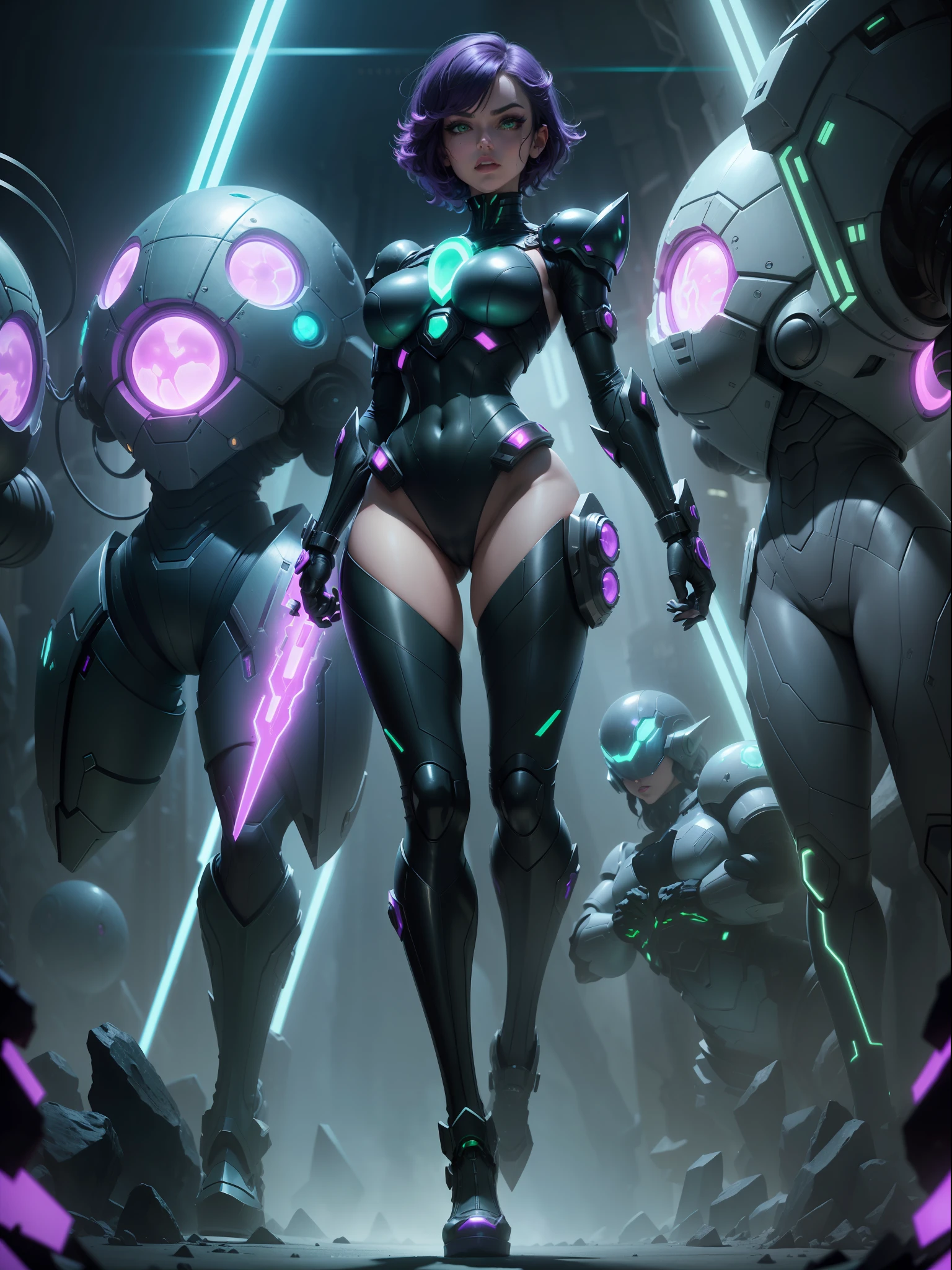 (Full body image+straight body:1.5) Moonlight/woman/gigantic breasts/(extremely exhibitionist:1.5). She's wearing one (black/neon parts/futuristic costume with blue jewelry on the breastplate:1.2). She's inside an alien base crowded with aliens. She has (very short purple hair; and slim: 1.5), (green eyes:1.5), is looking at the viewer, embarrassed face, holding futuristic weapons, battle pose, facing the viewer, Super Metroid, 16k, best quality, high details, UHD, masterpiece