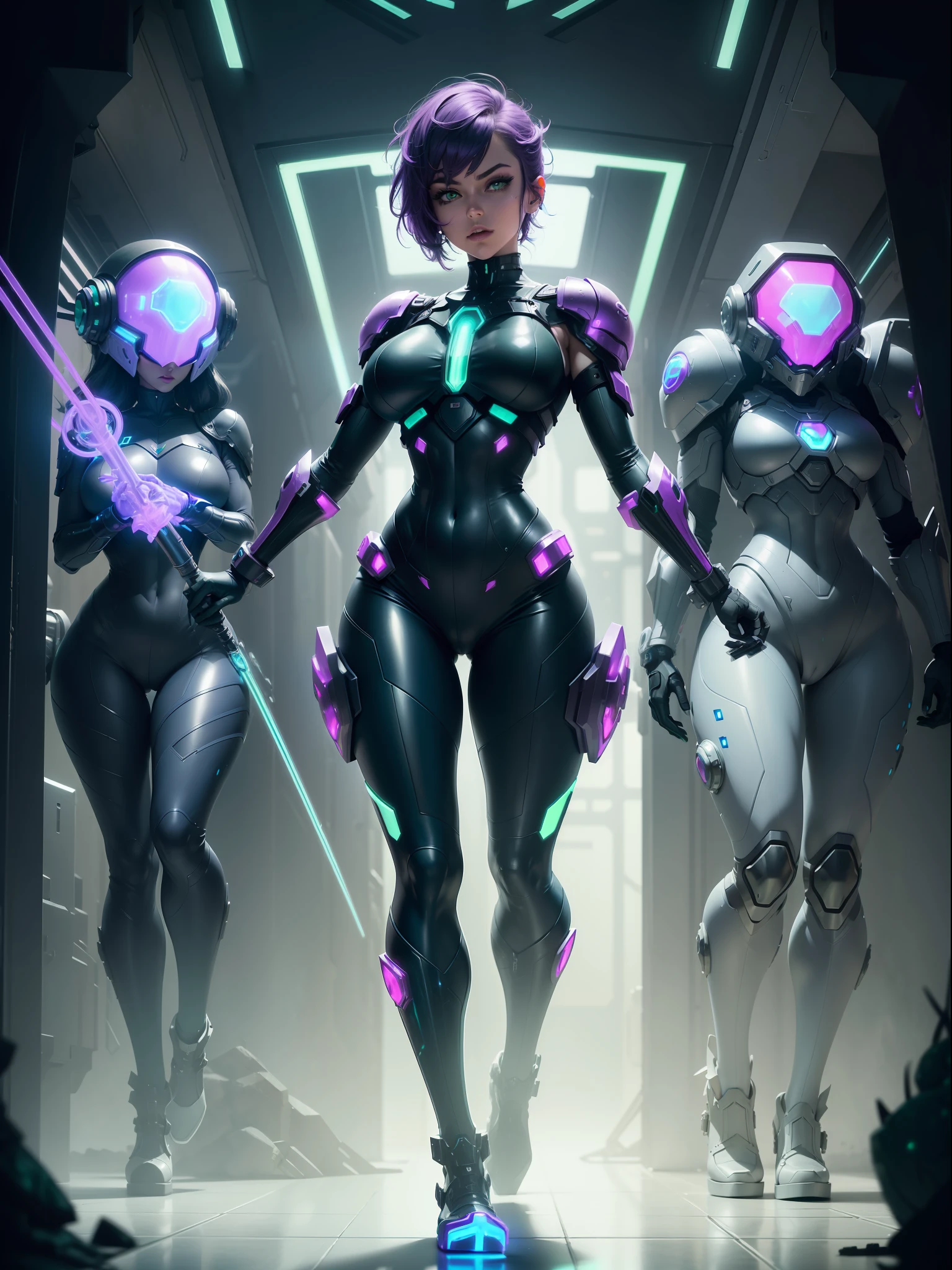 (Full body image+straight body:1.5) Moonlight/woman/gigantic breasts/(extremely exhibitionist:1.5). She's wearing one (black/neon parts/futuristic costume with blue jewelry on the breastplate:1.2). She's inside an alien base crowded with aliens. She has (very short purple hair; and slim: 1.5), (green eyes:1.5), is looking at the viewer, embarrassed face, holding futuristic weapons, battle pose, facing the viewer, Super Metroid, 16k, best quality, high details, UHD, masterpiece