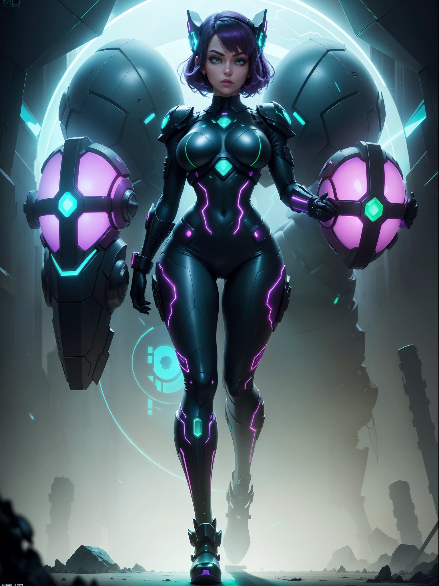 (Full body image+straight body:1.5) Moonlight/woman/gigantic breasts/(extremely exhibitionist:1.5). She's wearing one (black/neon parts/futuristic costume with blue jewelry on the breastplate:1.2). She's inside an alien base crowded with aliens. She has (very short purple hair; and slim: 1.5), (green eyes:1.5), is looking at the viewer, embarrassed face, holding futuristic weapons, battle pose, facing the viewer, Super Metroid, 16k, best quality, high details, UHD, masterpiece