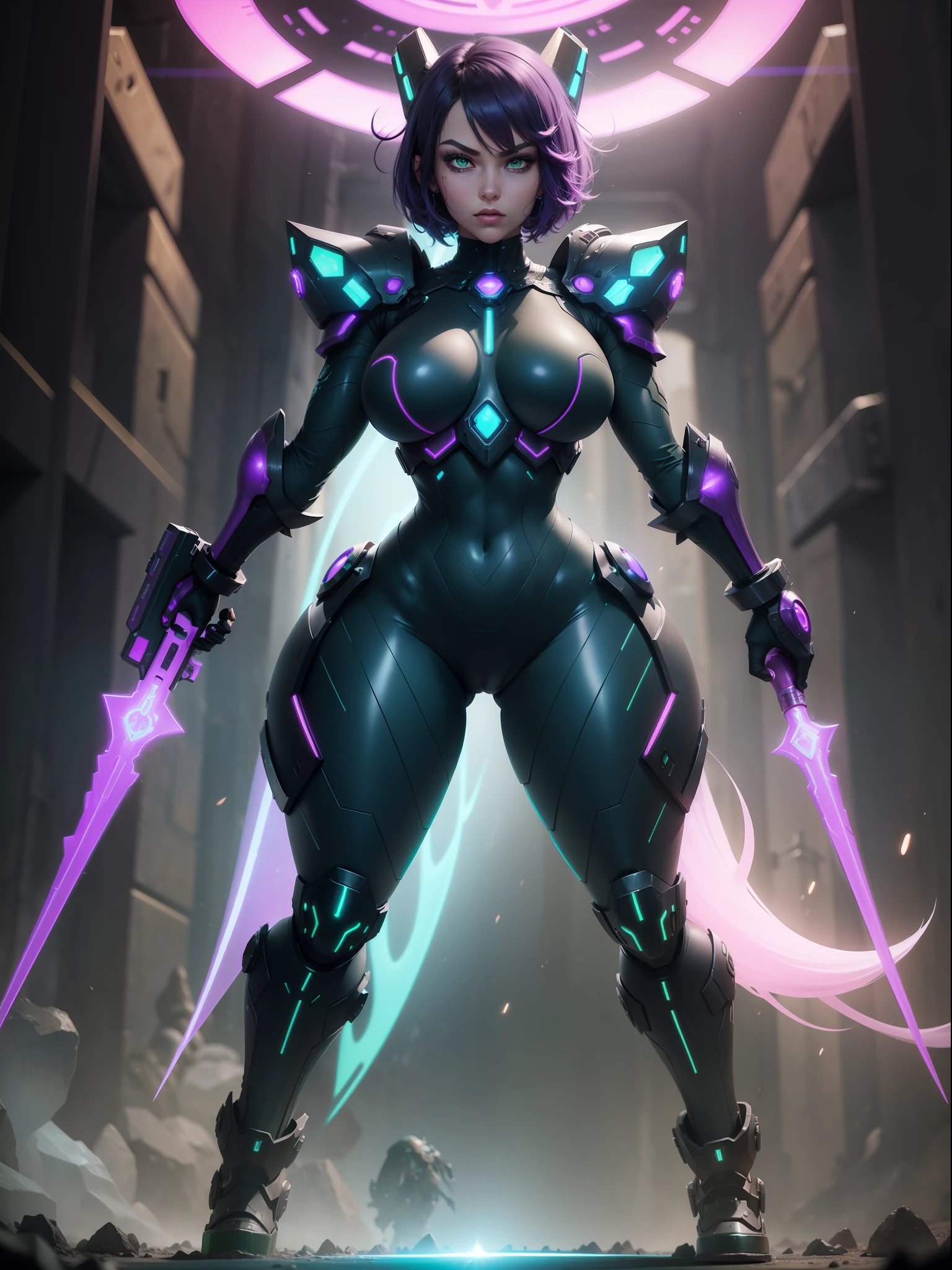 (Full body image+straight body:1.5) Moonlight/woman/gigantic breasts/(extremely exhibitionist:1.5). She's wearing one (black/neon parts/futuristic costume with blue jewelry on the breastplate:1.2). She's inside an alien base crowded with aliens. She has (very short purple hair; and slim: 1.5), (green eyes:1.5), is looking at the viewer, embarrassed face, holding futuristic weapons, battle pose, facing the viewer, Super Metroid, 16k, best quality, high details, UHD, masterpiece