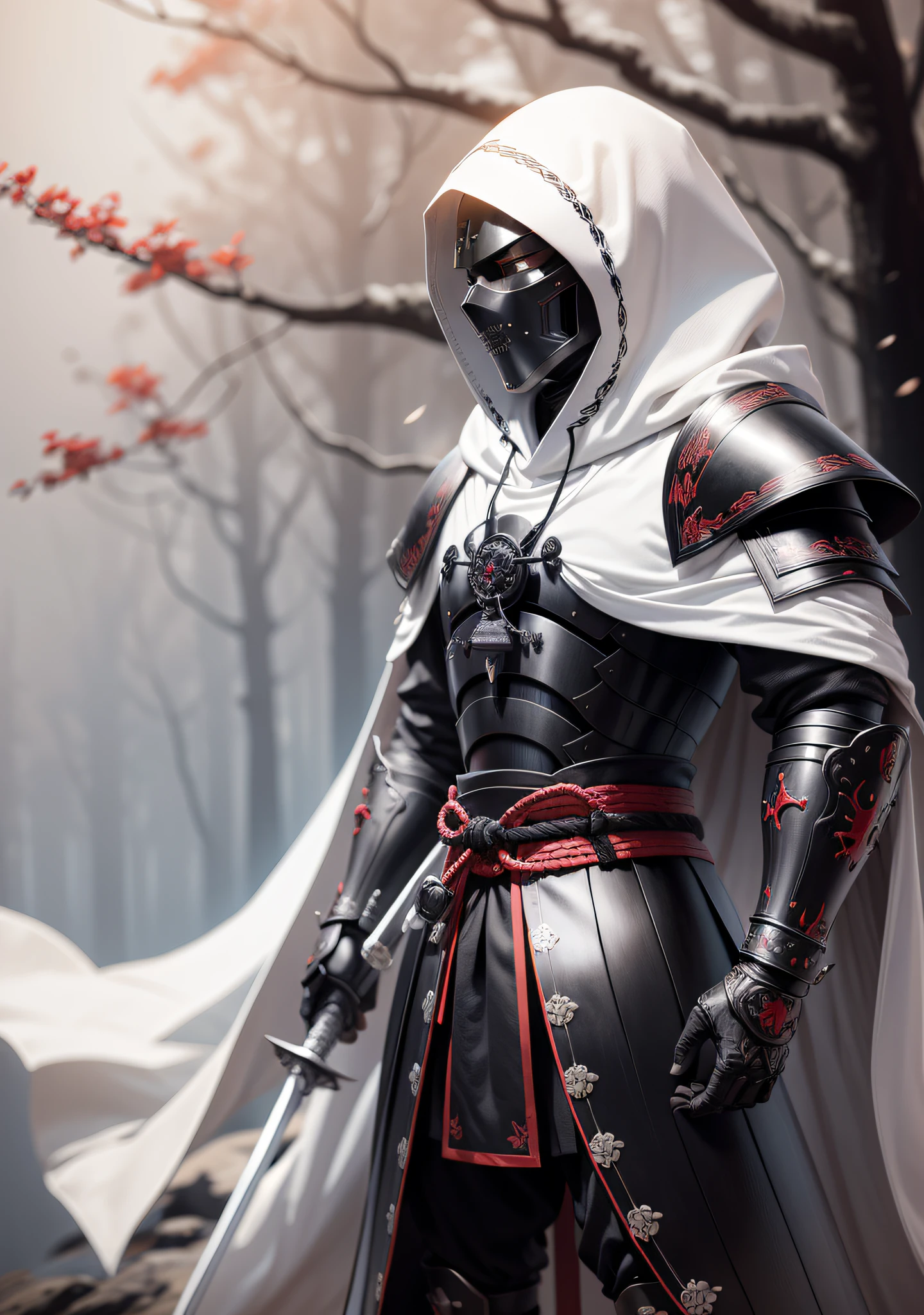 A black samurai armor without body, white cape, white hood, faceless, male, black samurai armor sculpture, black iron armor, black face, blue eyes, peephole, holding an ornate katana of a black and red hand, Gothic style, in a forest with moonlight