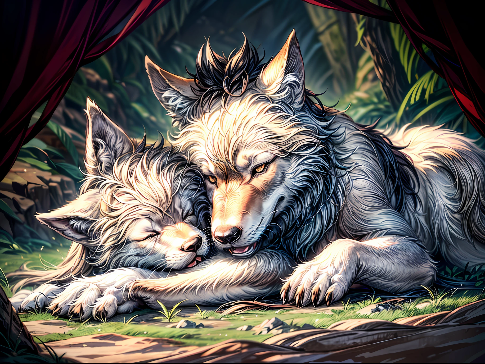 High-quality detailed CG image of a wolf and its cub sleeping in front of a cave. The scene is seen from inside the cave, creating a depth effect and highlighting the presence of the animals. Add as many textures [in the surrounding vegetation: 1.2], with lighting effect in the shadows and soft sunlight. This scene should be conveyed in sepia tones with strong emphasis on the details of the animals' hair and external textures