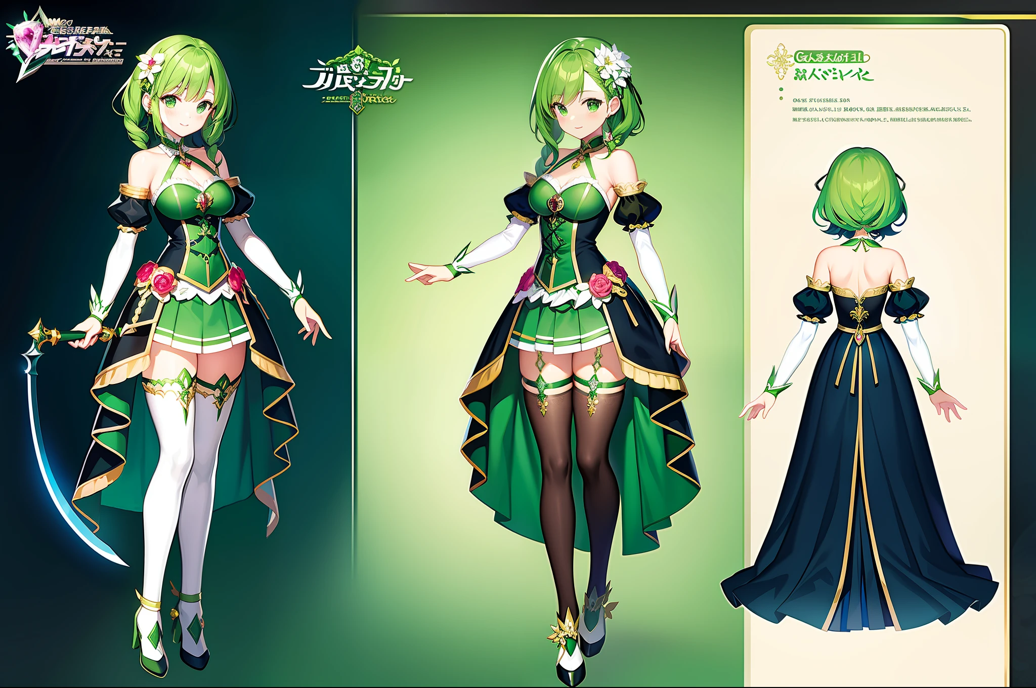 masterpiece,(best quality) magical girl, wepon, green, braided hair, medium sized breasts, unique design, stockings,green and black, magical girl, fullbody, holding sword,( ( character concept art ) )