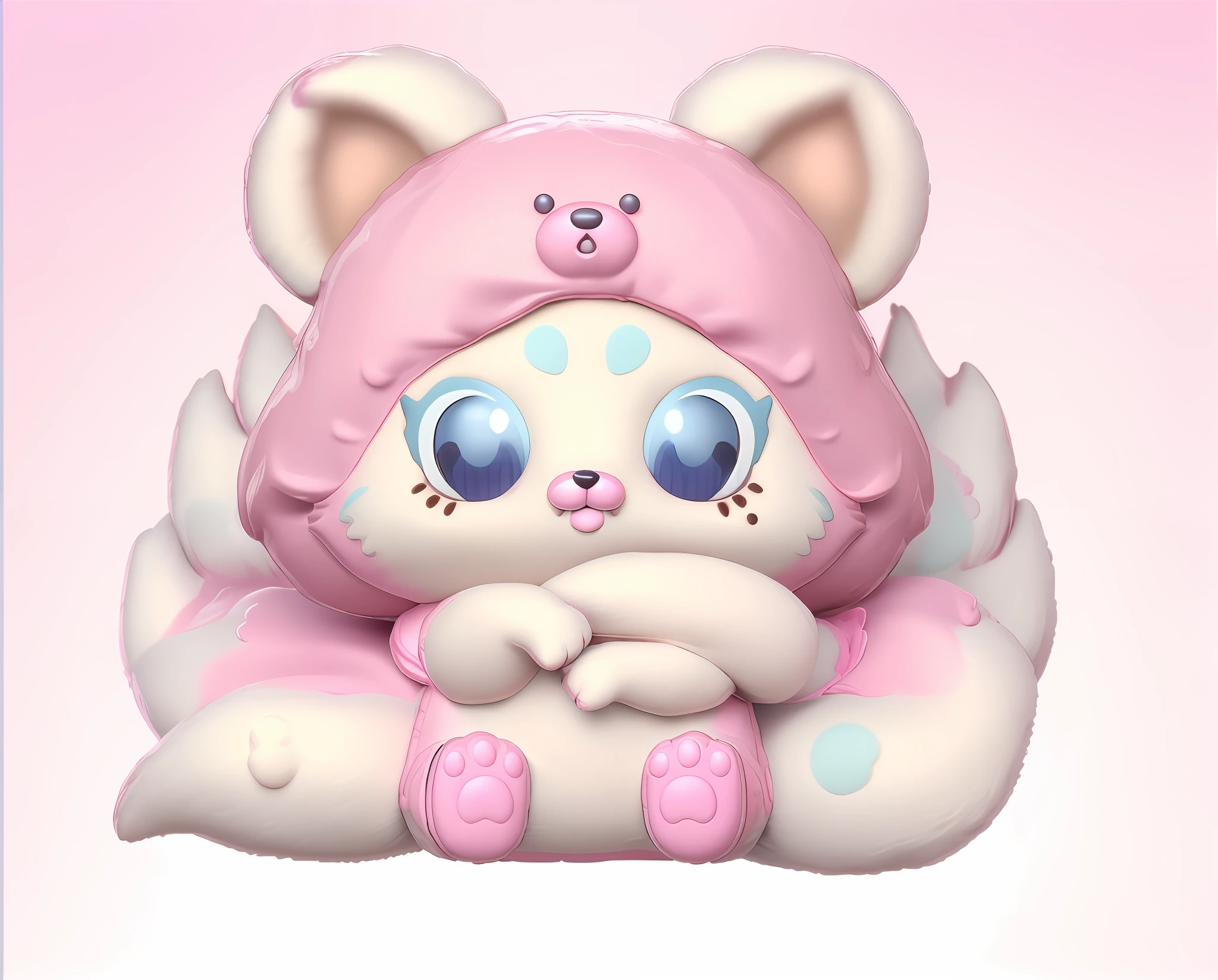 As a full body Funko Pop! , fox in pink teddy bear costume, vinyl toy statue, furry appearance, soft sprawling, as funko pop! , Inspired by the close-up of Nyuju Stumpy Brown fox statue, cute, macaron pale blue with white color scheme, detailed image, watery cute eyes, dream eyes, manga eyes, Nendoroid 3 D, 3 D smallest pet shop cat, blender, pastel color scheme, horse masterpiece, best quality, DSLR camera, intricate details, pure white background