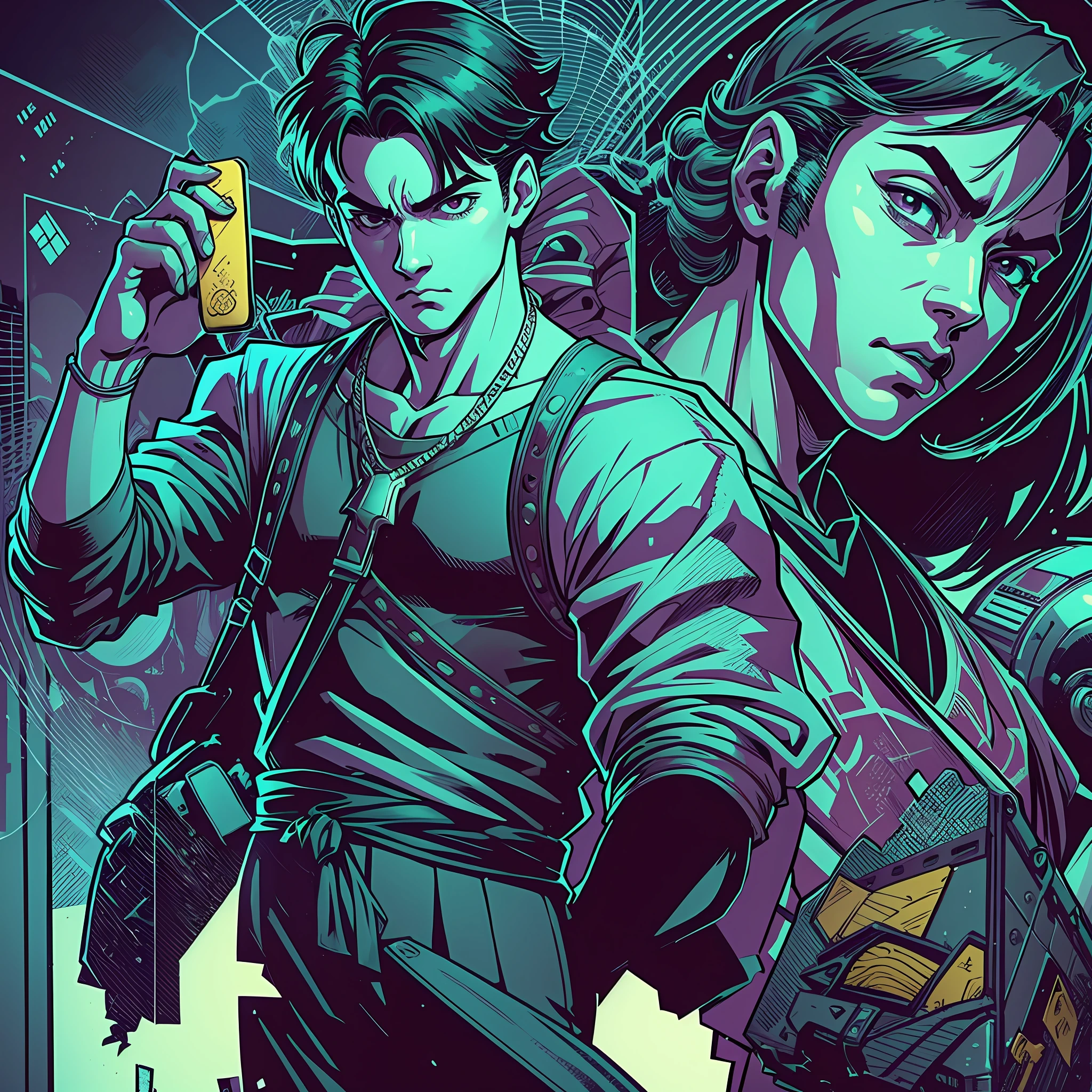 Draw a full-body, stylized man holding a broken corded phone. Use a technique of intense and detailed lines, inspired by the style of the artist Kentaro Miura. The scene should have as theme "Hotline Miamarte", referring to the retro and vibrant aesthetic of the games of this franchise. Prioritize realism and depth when portraying the details of the damaged phone. Use striking and contrasting colors to highlight the atmosphere of the theme. --auto --s2