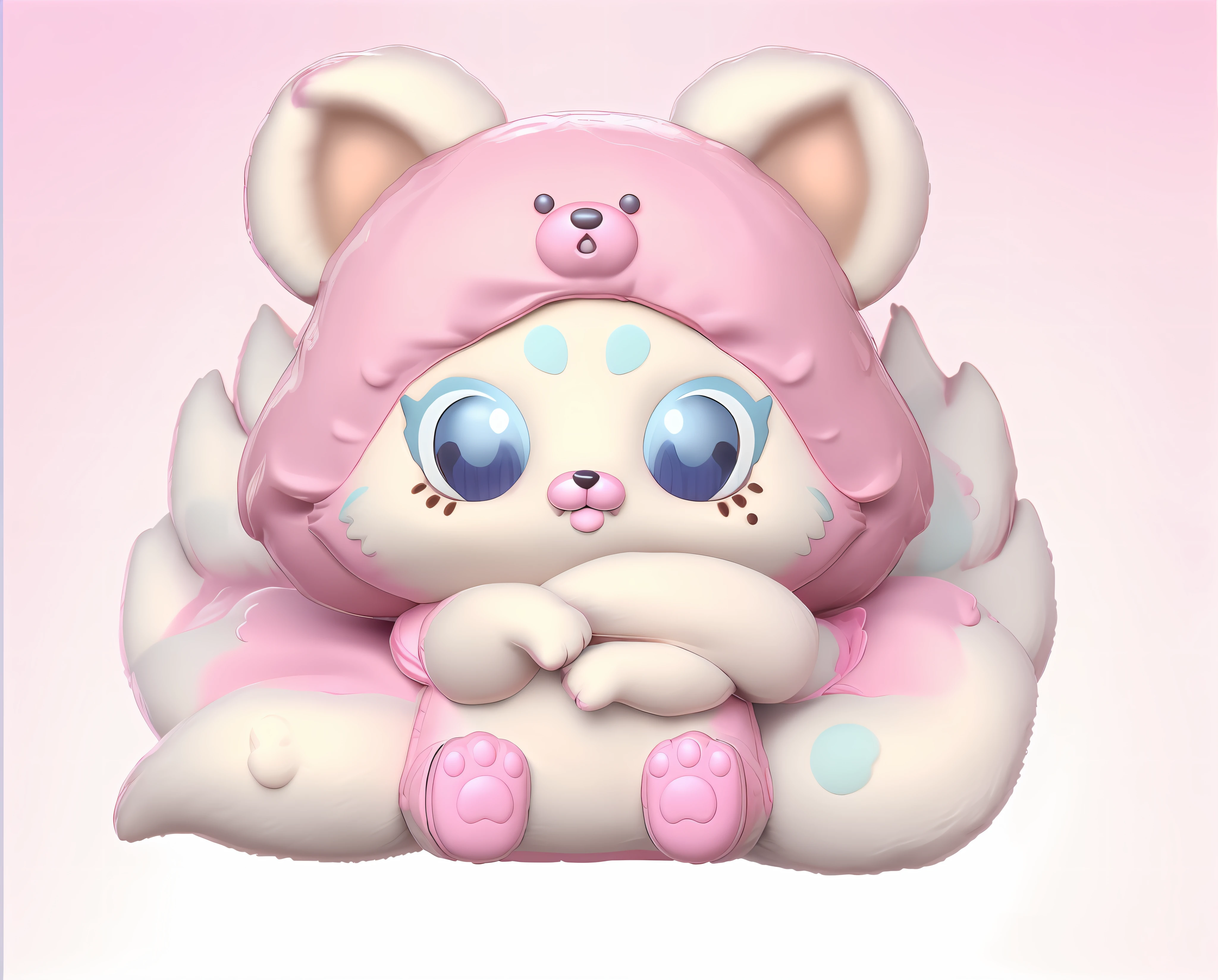 As a full body Funko Pop! , fox in pink teddy bear costume, vinyl toy statue, furry appearance, soft sprawling, as funko pop! , Inspired by the close-up of Nyuju Stumpy Brown fox statue, cute, macaron pale blue with white color scheme, detailed image, watery cute eyes, dream eyes, manga eyes, Nendoroid 3 D, 3 D smallest pet shop cat, blender, pastel color scheme, horse masterpiece, best quality, DSLR camera, intricate details, pure white background