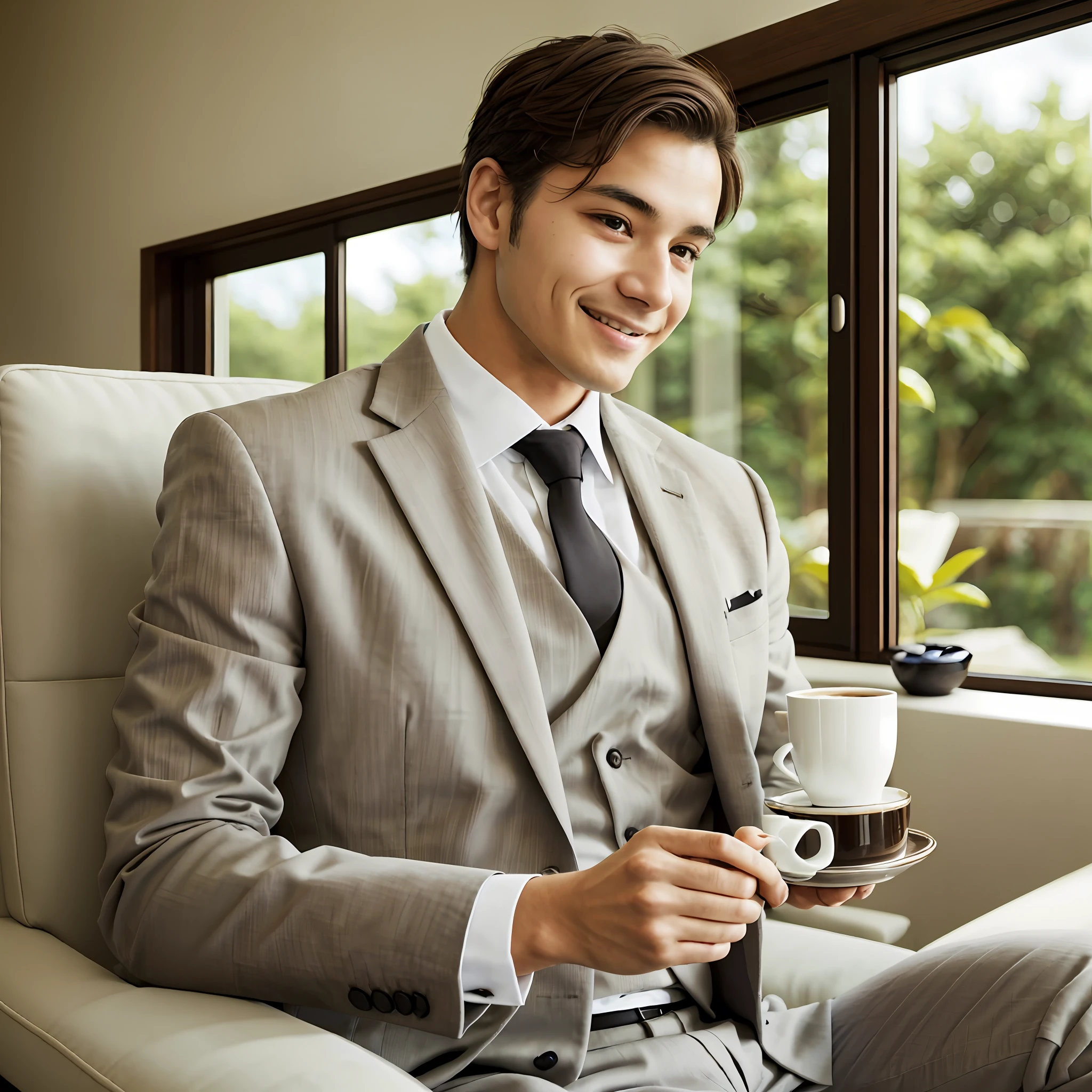 Arafed man in a suit sitting in a chair holding a cup of coffee - SeaArt AI