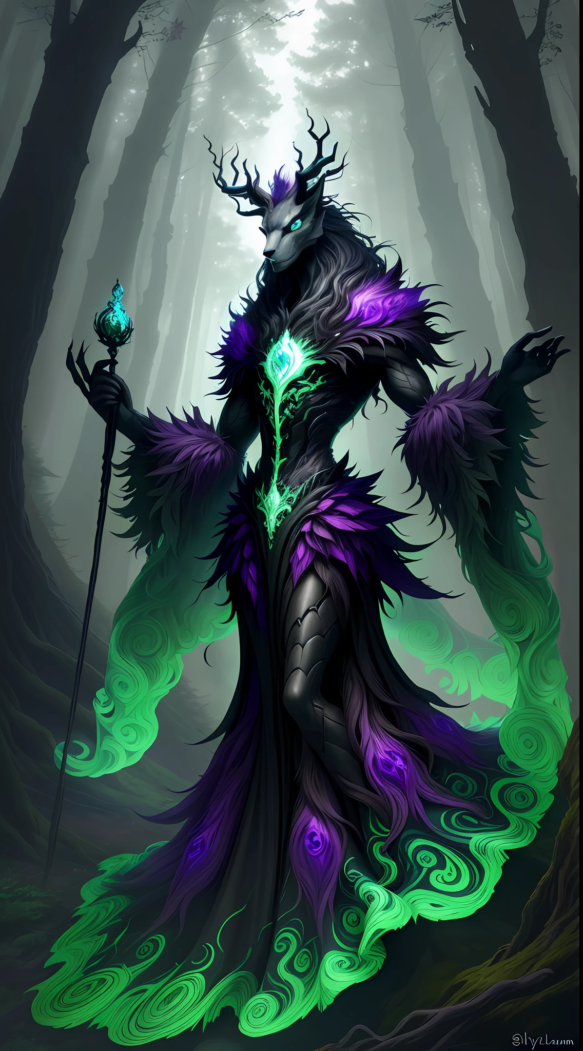 Hello, IA! Please create a Dark creature, Sylvan, the Guardian of the Forests
. Explore your creativity to portray this mystical and imaginary creature. Play with vibrant colors, unique shapes and intriguing textures to make the image unique and engaging. I'm excited to see your artistic interpretation of the Dark creature, Do Sylvan, the Guardian of the Forests