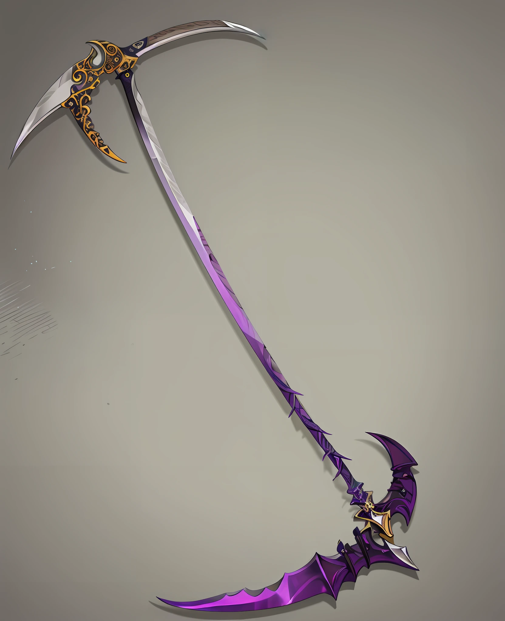 an imposing sickle, with two spiral hoops at the ends of the curved blade. The blade has a purple sheen, contrasting with the golden iron handle.