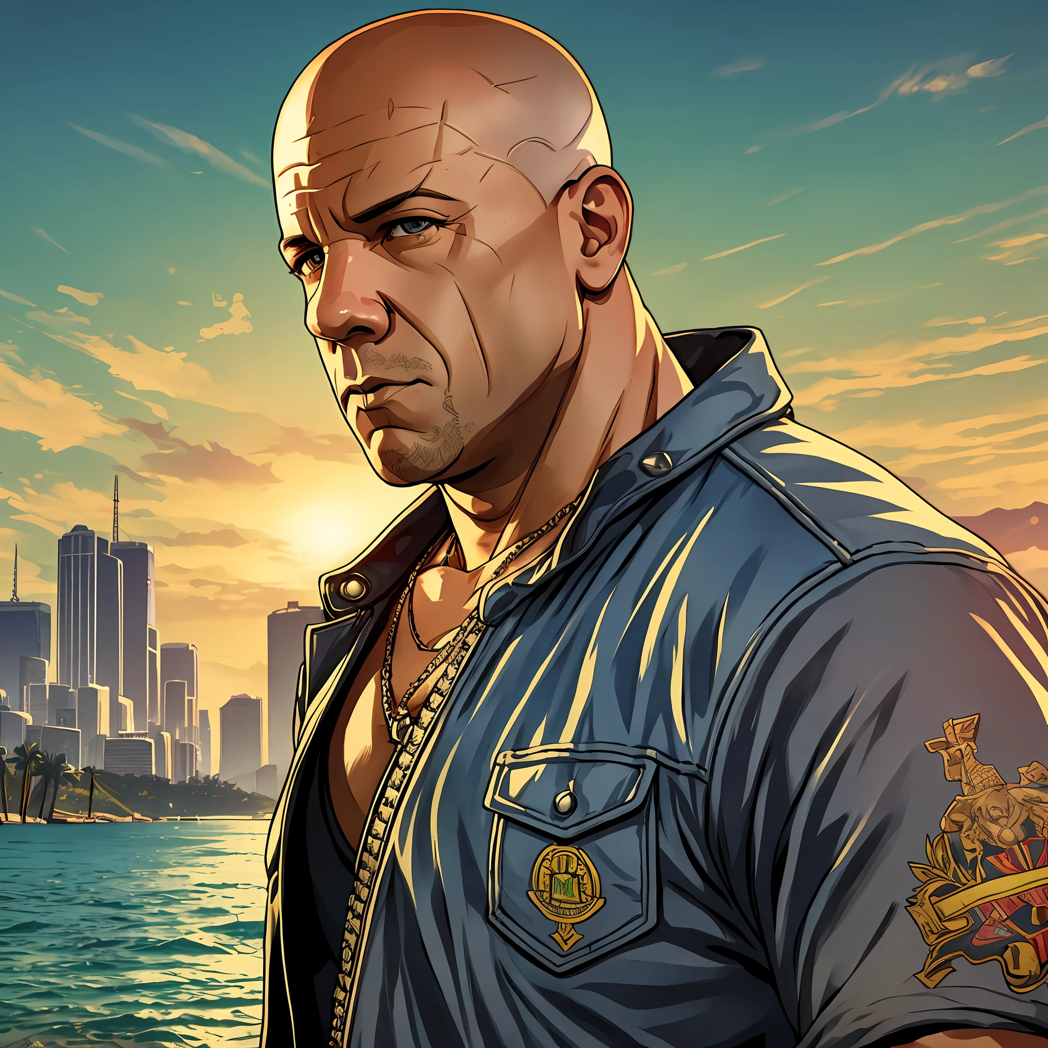 GTAV Loading Screen 2D Art, Vin Diesel as GTA5 Character, Film Composition, Shaders, Bright Cinematic Lighting, Soft Contrast, GTA5 Loading Screen --auto --s2
