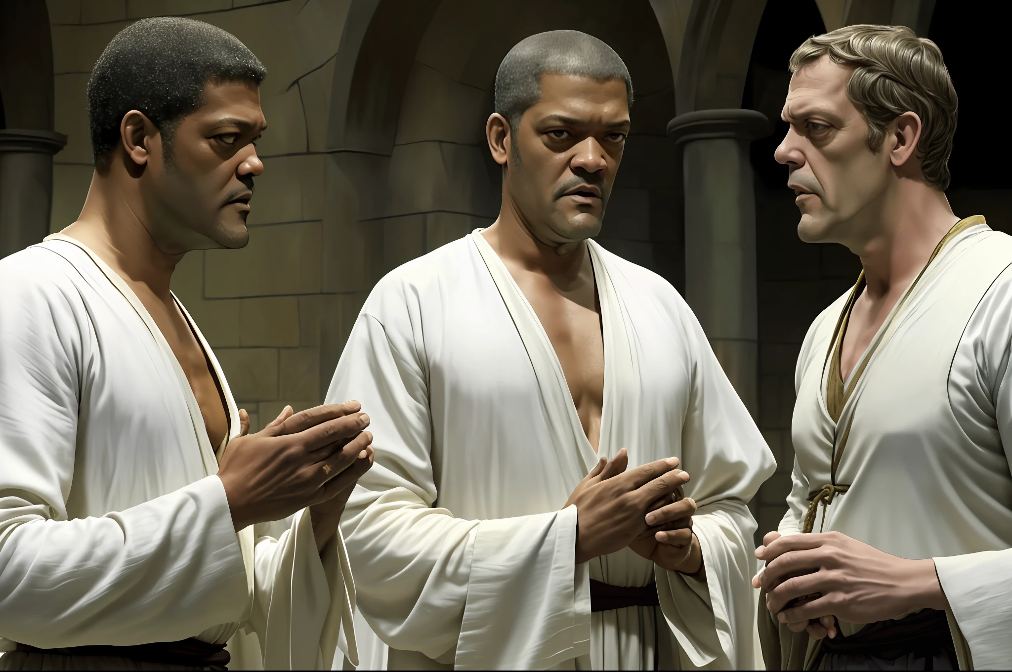there are two people arguing, (((laurence fishburne))), (((Hugh Laurie))) , (((dressed in biblical times clothes))), black bald man, dressed in white, arguing with evil looking Hugh Laurie, (hugh laurie with white biblical clothes), (Hugh Laurie and laurence fishburne arguing), ((extreme closeup)), (close up)