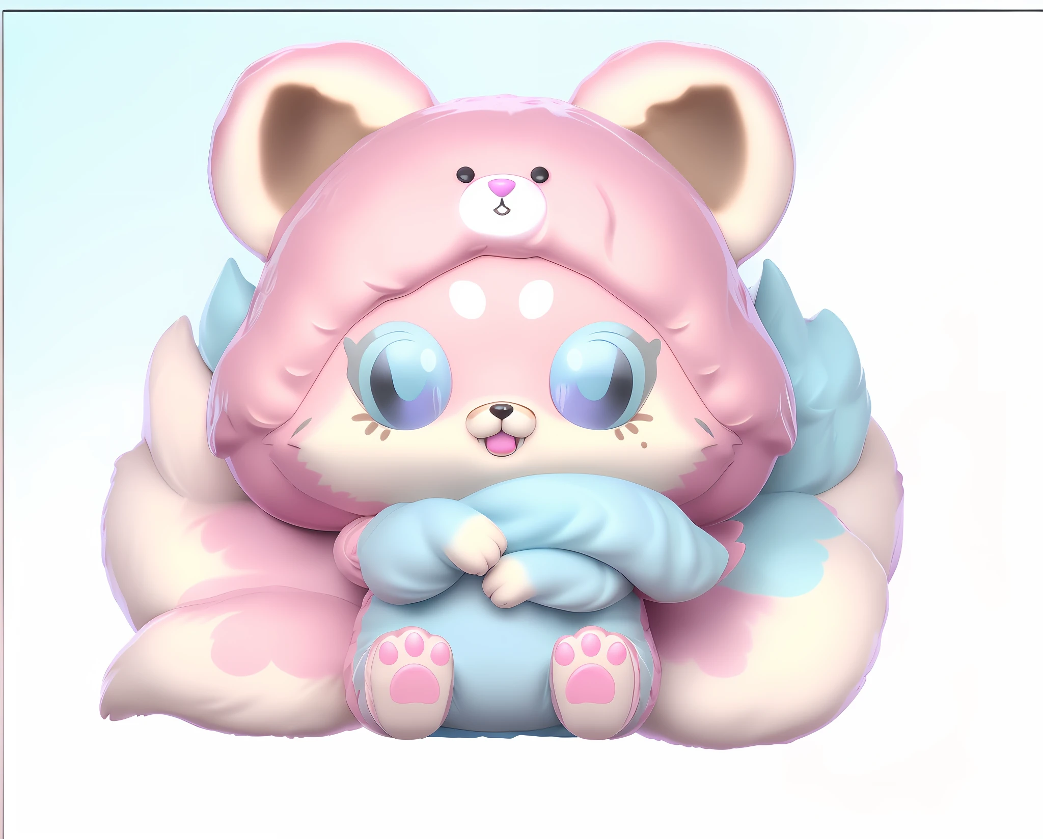 As a full body Funko Pop! , fox in pink teddy bear costume, vinyl toy statue, furry appearance, soft sprawling, as funko pop! , Inspired by the close-up of Nyuju Stumpy Brown fox statue, cute, macaron pale blue with white color scheme, detailed image, watery cute eyes, dream eyes, manga eyes, Nendoroid 3 D, 3 D smallest pet shop cat, blender, pastel color scheme, masterpiece, best quality, ears with pale blue gradient, scarf white, DSLR camera, intricate details, pure white background