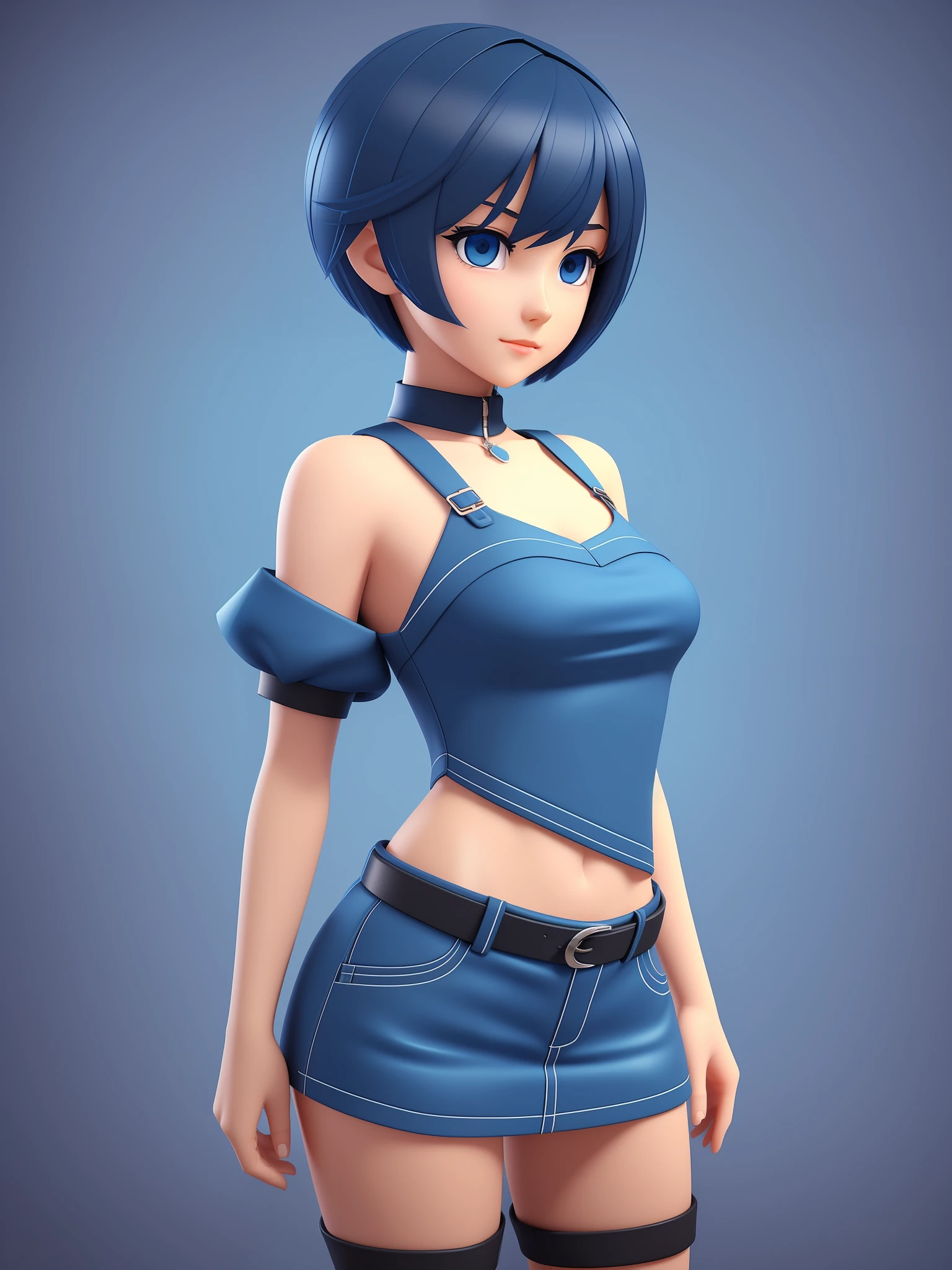 Young girl, a cartoon character light dark blue clothing, (short hair and dark blue), stylized character, animation character, stylized 3d render, 3d character, highly detailed character, stylized anime, stylized 3d, render character, character model, full body, maximum quality, selfie