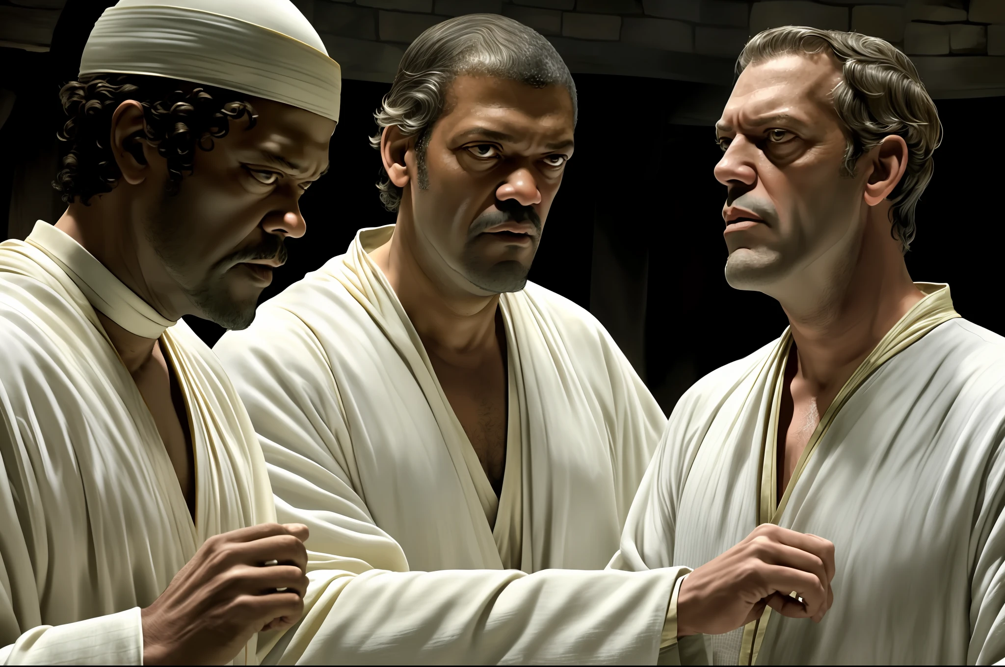 there are two people arguing, (((laurence fishburne))), (((Hugh Laurie))) , (((dressed in biblical times clothes))), black bald man, dressed in white, arguing with evil looking Hugh Laurie, (hugh laurie with white biblical clothes), (Hugh Laurie and laurence fishburne arguing), ((extreme closeup)), (close up)