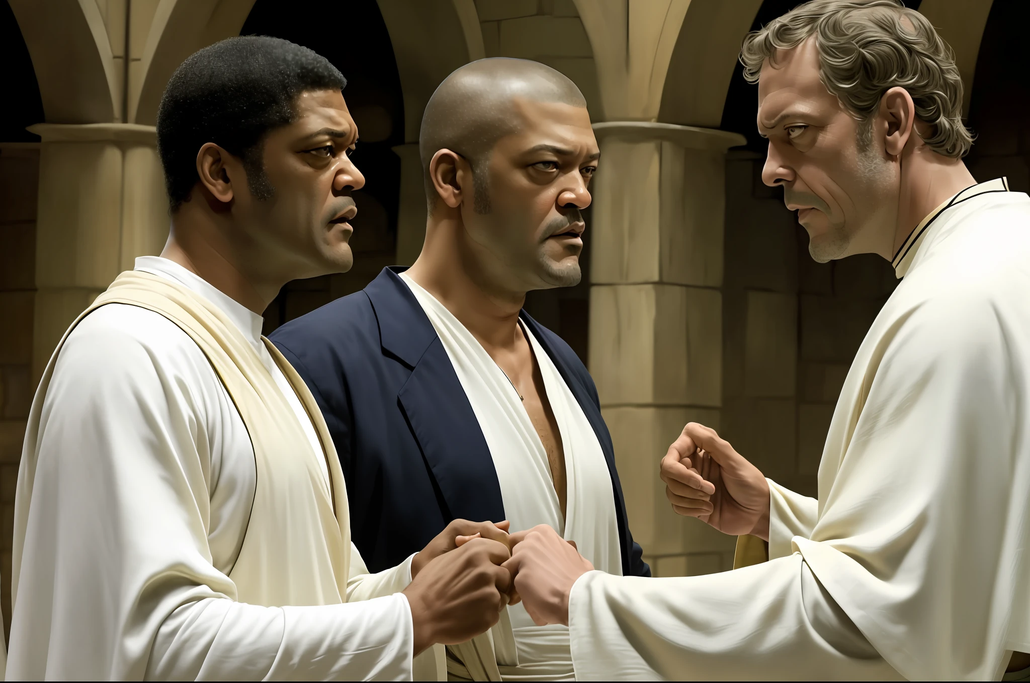 there are two people arguing, (((laurence fishburne))), (((Hugh Laurie))) , (((dressed in biblical times clothes))), black bald man, dressed in white, arguing with evil looking Hugh Laurie, (hugh laurie with white biblical clothes), (Hugh Laurie and laurence fishburne arguing), ((extreme closeup)), (close up)