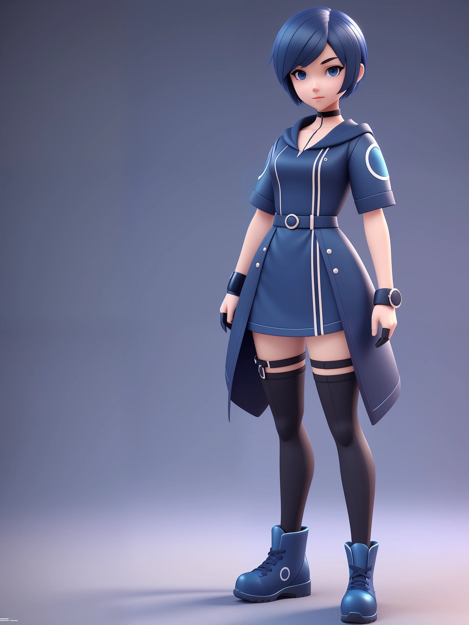 Young girl, a cartoon character light dark blue clothing, (short hair and dark blue), stylized character, animation character, stylized 3d render, 3d character, highly detailed character, stylized anime, stylized 3d, render character, character model, full body, maximum quality, selfie