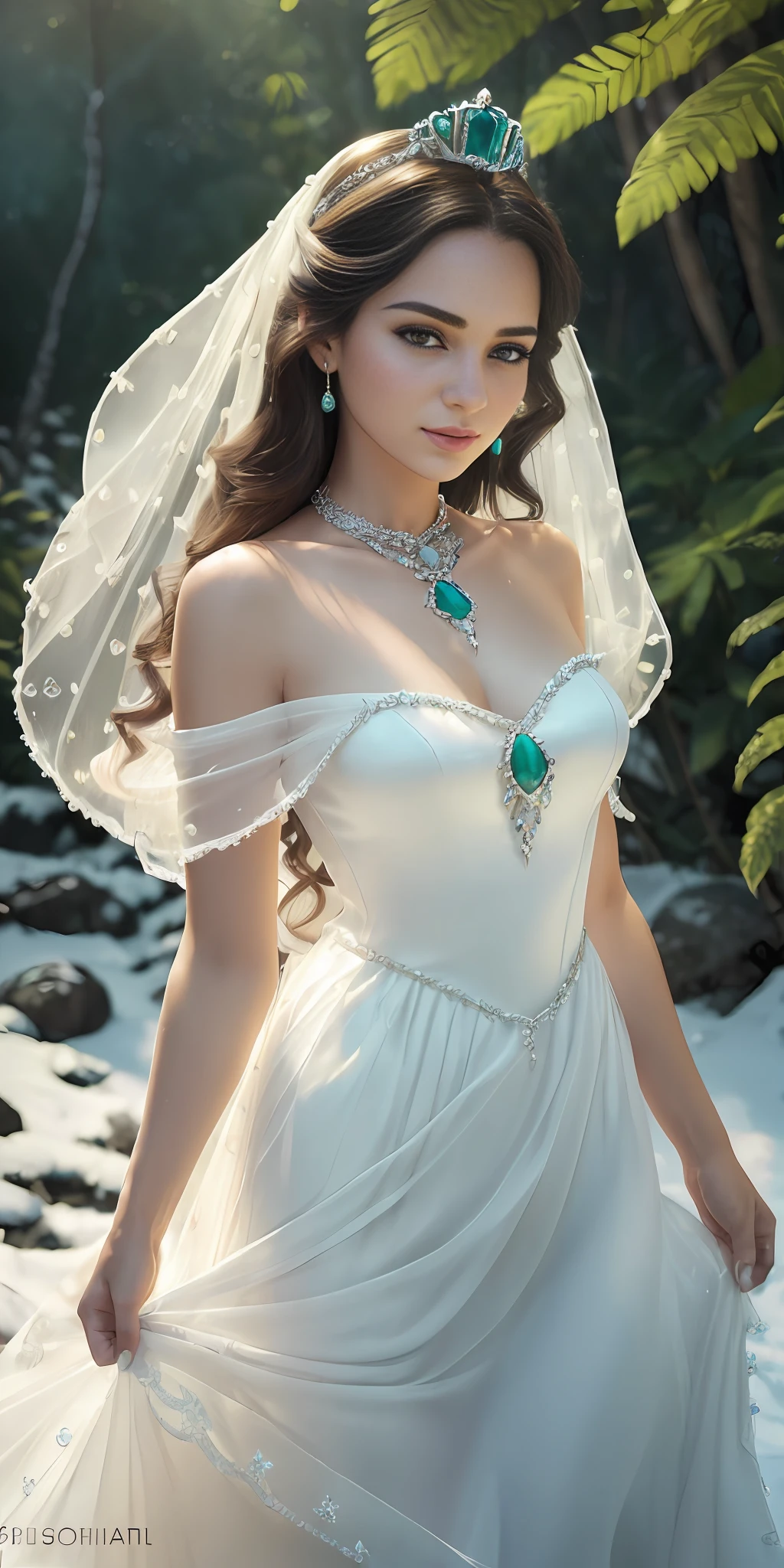 Full shot,(photorealistic:2), one girl of dazzlingly beautiful appearance stands against the backdrop of a picturesque landscape in the rainforest, snow-white wavy hair falls to the ground, the face is oval beautiful and perfect, a European Slav, the eyes are bright cornflower color, the eyelashes are long and fluffy, the eyebrows are dark, the nose is neat, the lips are medium a little plump, the face is hyperdetailed, snow-white long wavy hair to the bottom, the body is graceful and graceful with white skin, ultra short transparent organza dress with a deep neckline and neckline, the dress shines through, small breasts and swollen are visible, the girl is shod in elegant crystal shoes, a crystal tiara with sapphires on her head, a precious necklace made of turquoise and emeralds around her neck, a high-resolution photo, the image of the girl is sharp and clear, the back light draws an outline around the silhouette of the girl, the filling light soft illuminates the face and figure well, The color of the photo is cinematic, (photo as in the art gallery, photo style as William Martenson:2) --auto --s2