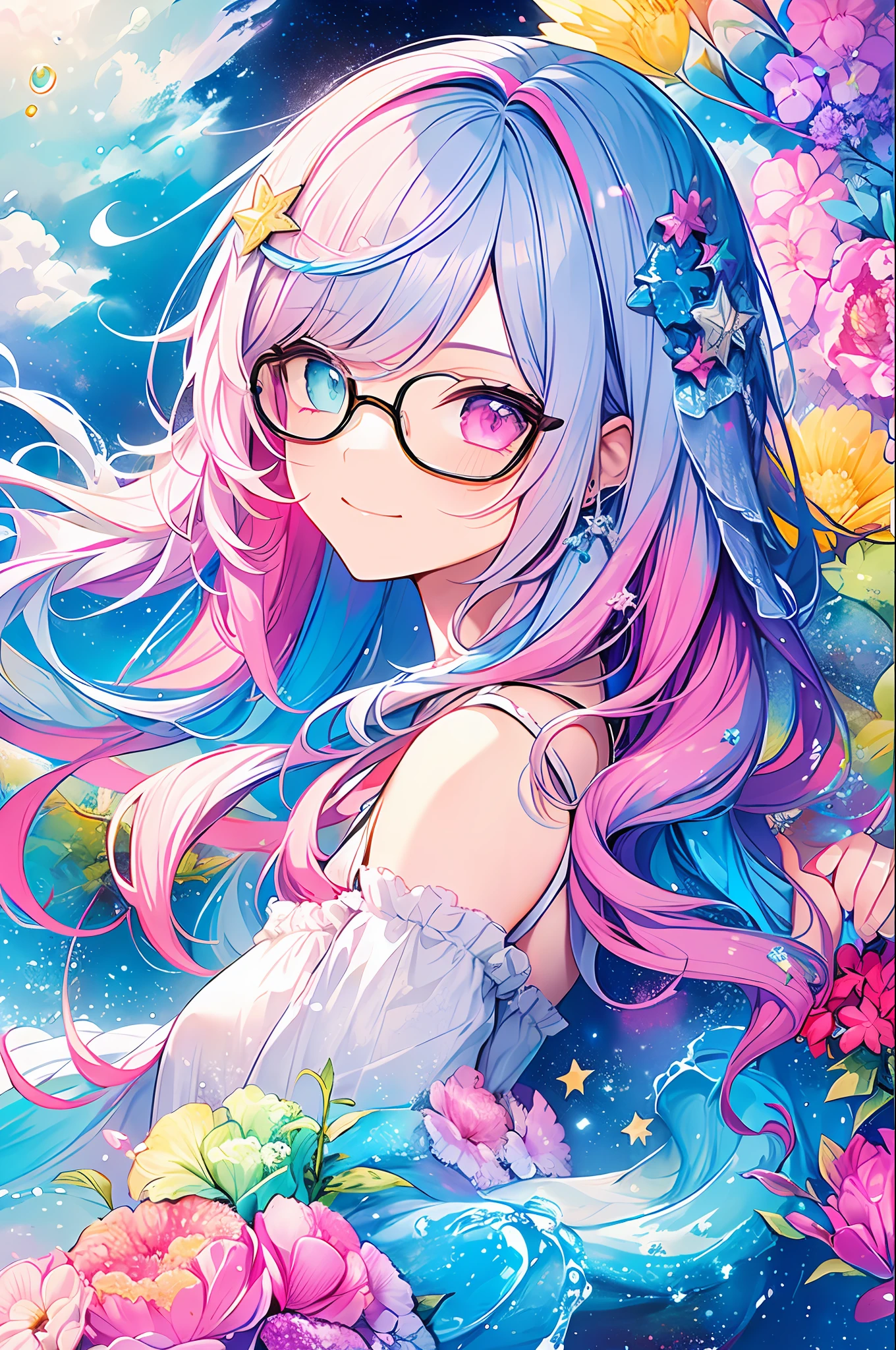 (Masterpiece, Top Quality, Best Quality, Watercolor (Medium), Official Art, Beautiful and Aesthetic: 1.2), (1 Girl: 1.3), (Fractal Art: 1.3), Upper Body, Sideways, Watching the Viewer, Pattern, (Iridescent Hair, Colorful Hair, Half Blue and Half Pink Hair: 1.2), Water, Liquid, Clouds, Colorful, Starry Sky, Stars, Smile, Glasses, Close Up, Heterochromia, (Colorful: 1.5)