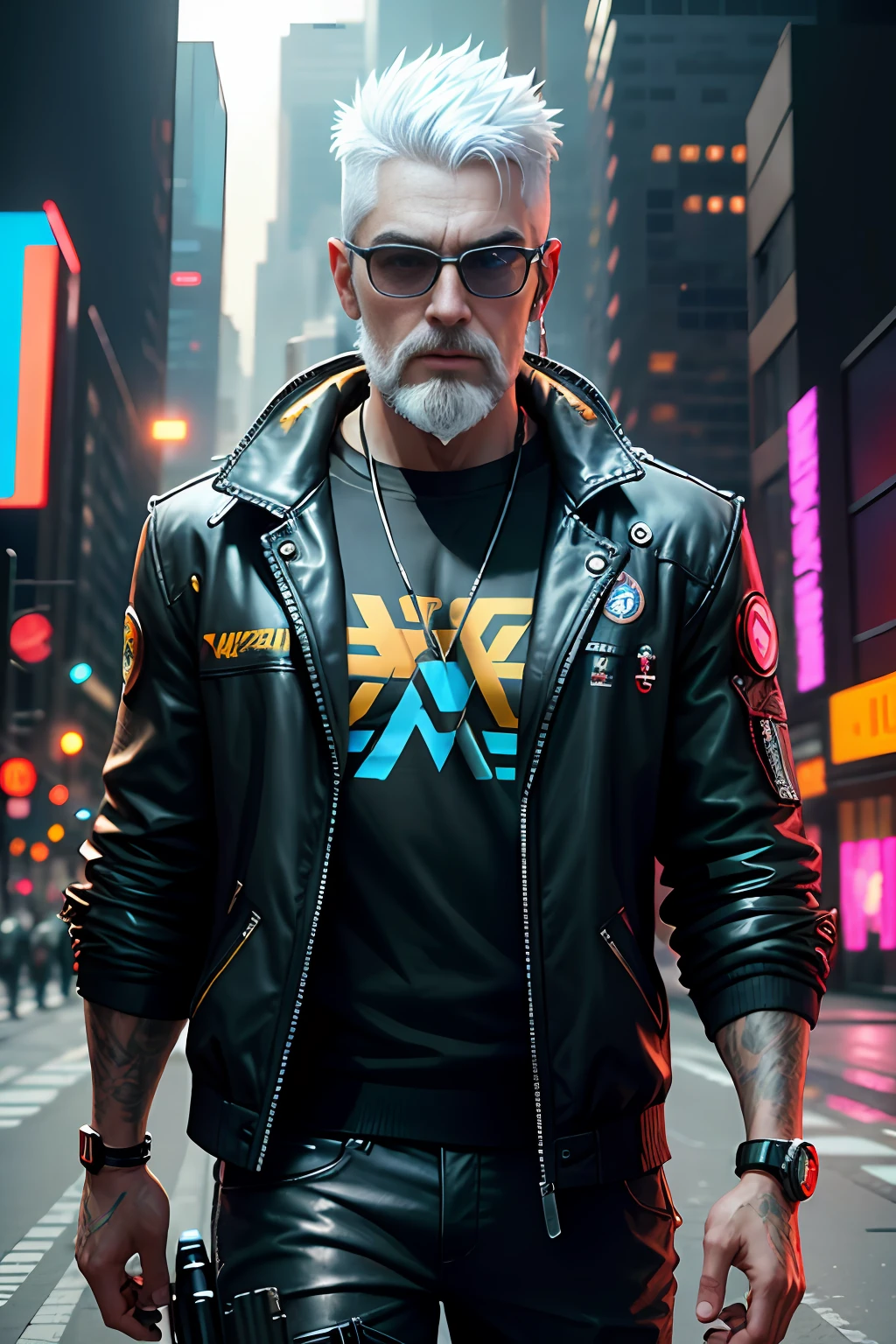 Raw 16k ultra HD Vivid colors ultra masterpiece, 1.12), Describe the emotions captured in the close-up of the face of a man with white hair, flawless haircut and glasses, sporting a well-groomed white beard, while wearing a jacket inspired by the game "Cyberpunk 2077". The setting reflects the game's dystopian futuristic environment, with elements characteristic of the city from "Cyberpunk 2077".