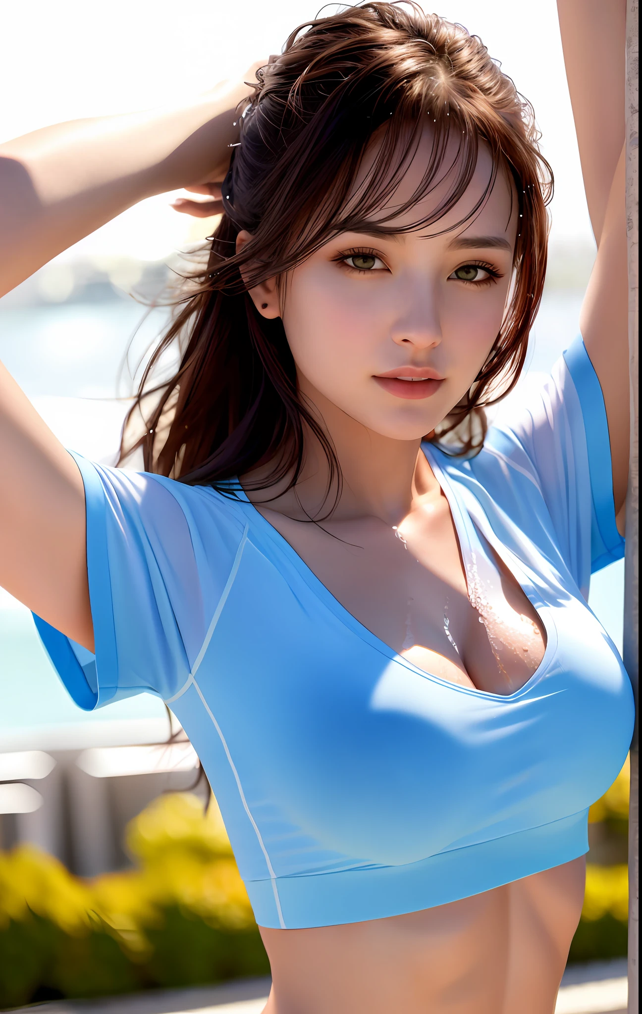 best quality, masterpiece, high_res, 1girl, Beautiful face, (photo realistic:1.3), rim lighting, (high detailed skin:1.2), 8k uhd, dslr, high quality, high resolution, 4k, 8k, Bokeh, large breasts, absurdres, best ratio four finger and one thumb, (realistic:1.2), arms up, drenched shirt, drenched chest, drenched body, soaked shirt, no bra, gym uniform, backlighting, highly detailed, wearing a thin v-neck shirt dreamy wet breast sweat,